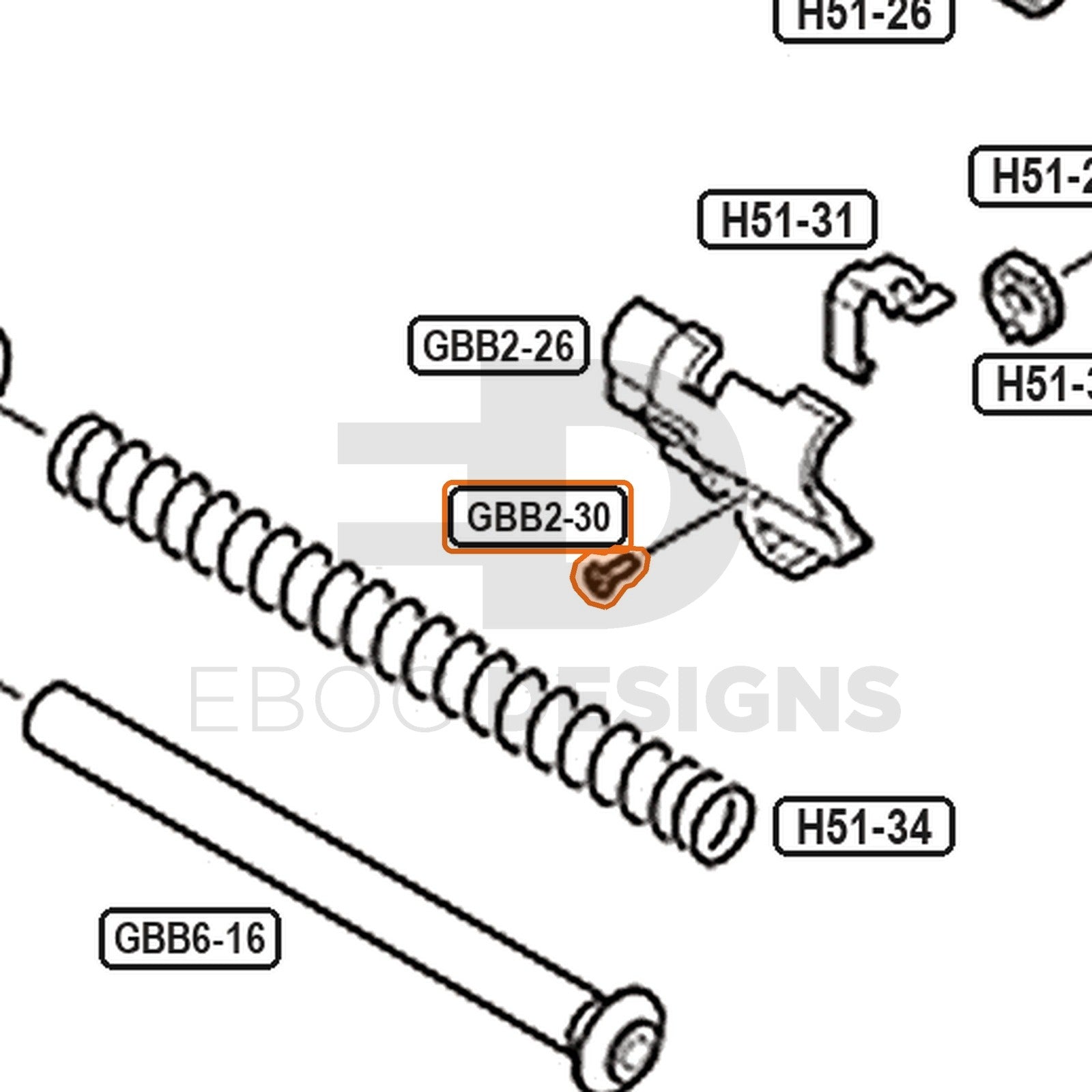 Tokyo Marui Hi-Capa D.O.R parts diagram with the countersunk screw, part GBB2-30, outlined