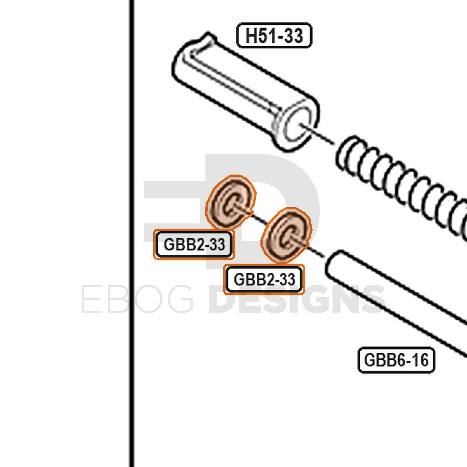 Tokyo Marui Hi-Capa D.O.R parts diagram with the recoil buffer, part GBB2-33, outlined