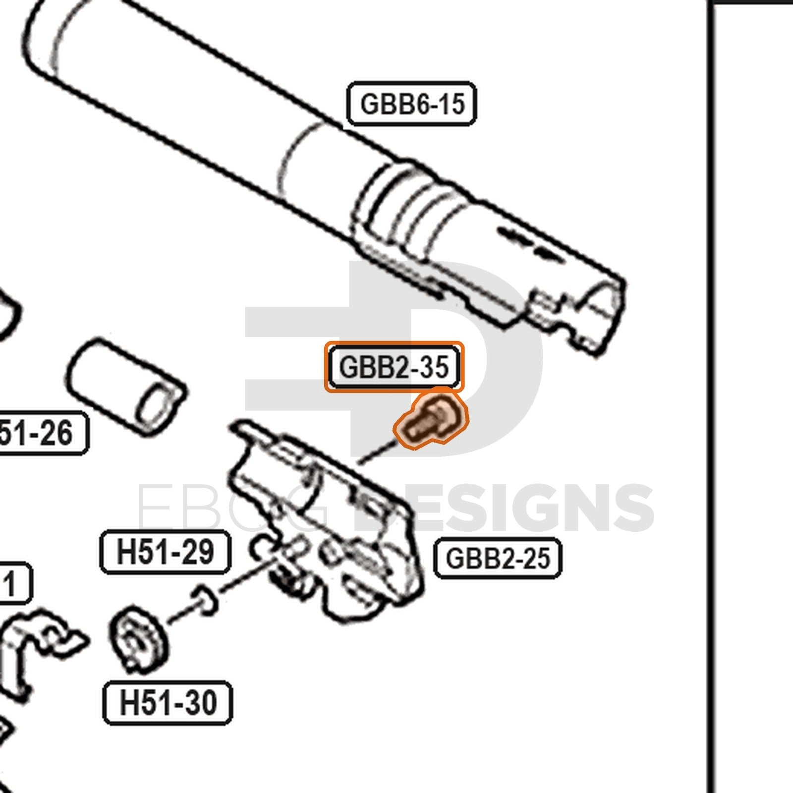 Tokyo Marui Hi-Capa D.O.R parts diagram with the chamber cover screw, part GBB2-35, outlined