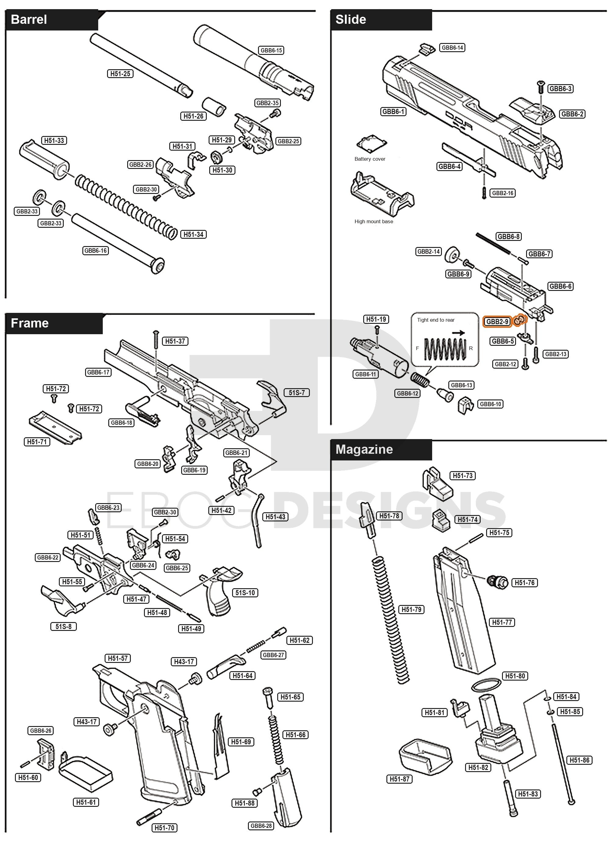 Full Tokyo Marui Hi-Capa D.O.R parts diagram showing where the piston roller (part GBB2-9) fits