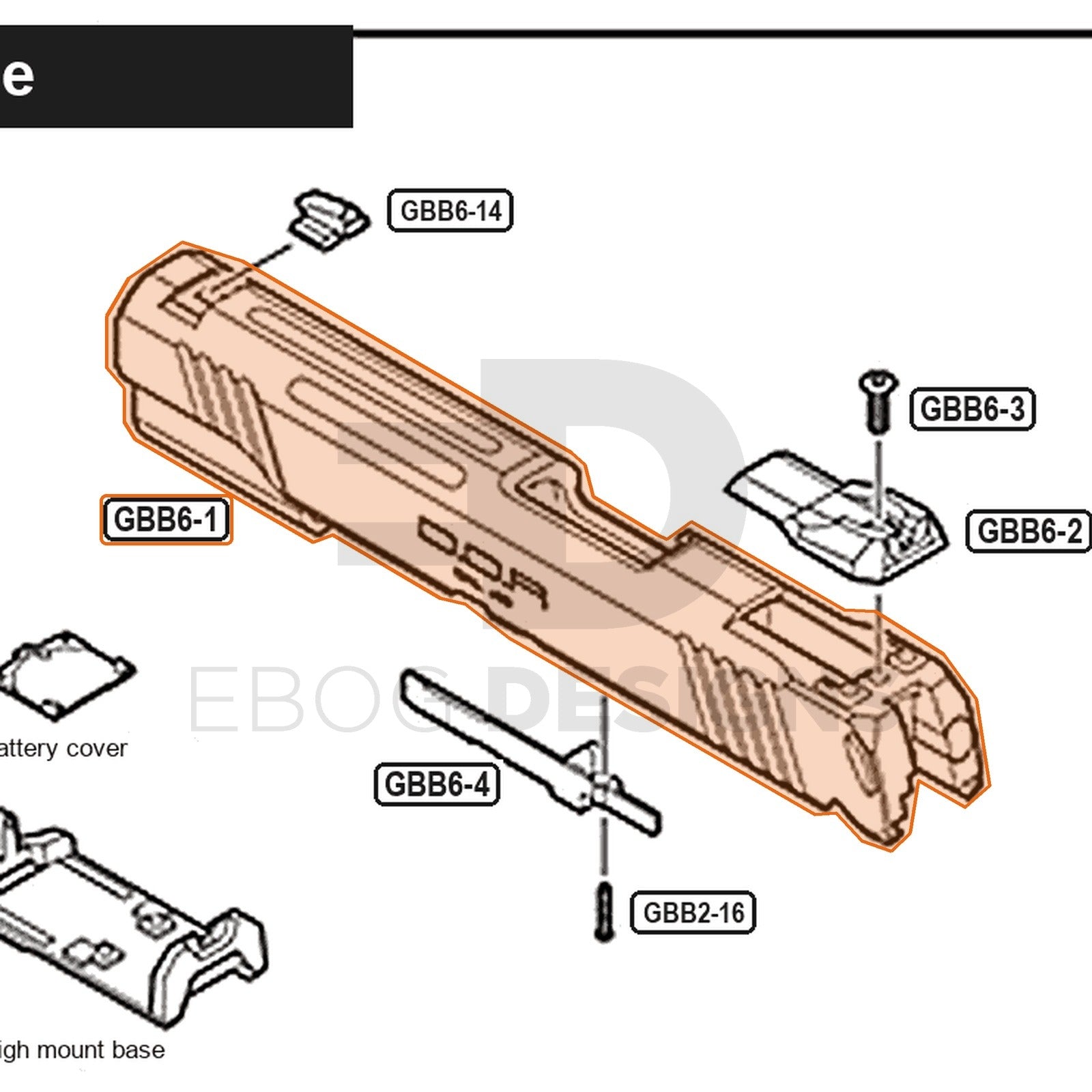 Tokyo Marui Hi-Capa D.O.R parts diagram with the slide, part GBB6-1, outlined
