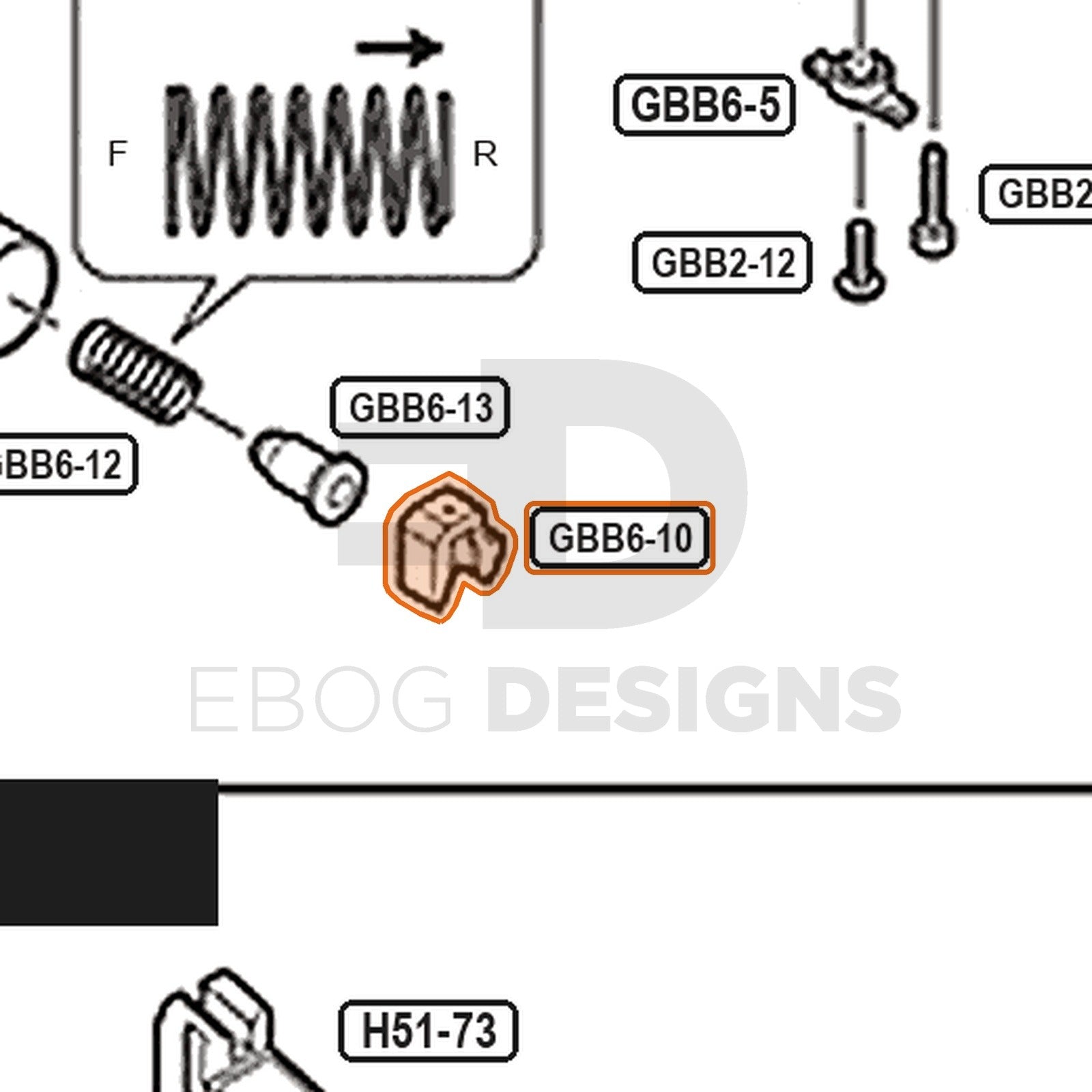 Tokyo Marui Hi-Capa D.O.R parts diagram with the nozzle valve stop, part GBB6-10, outlined