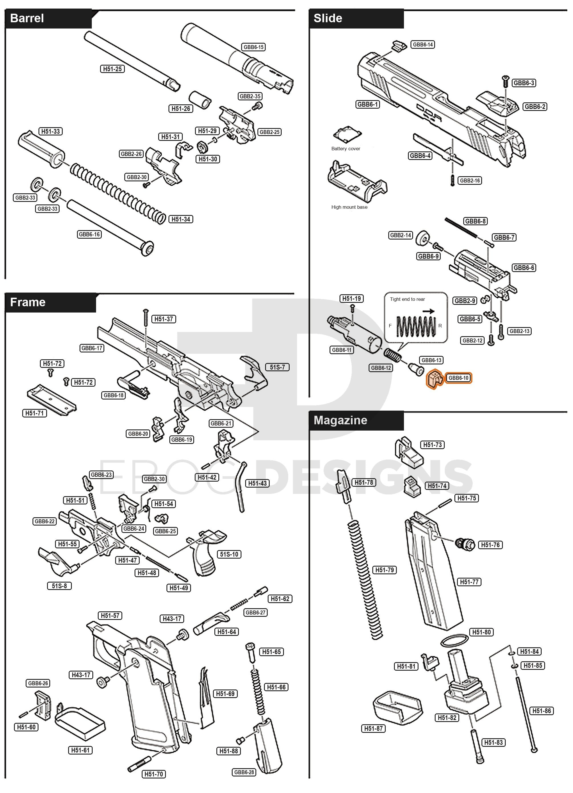 Full Tokyo Marui Hi-Capa D.O.R parts diagram showing where the nozzle valve stop (part GBB6-10) fits