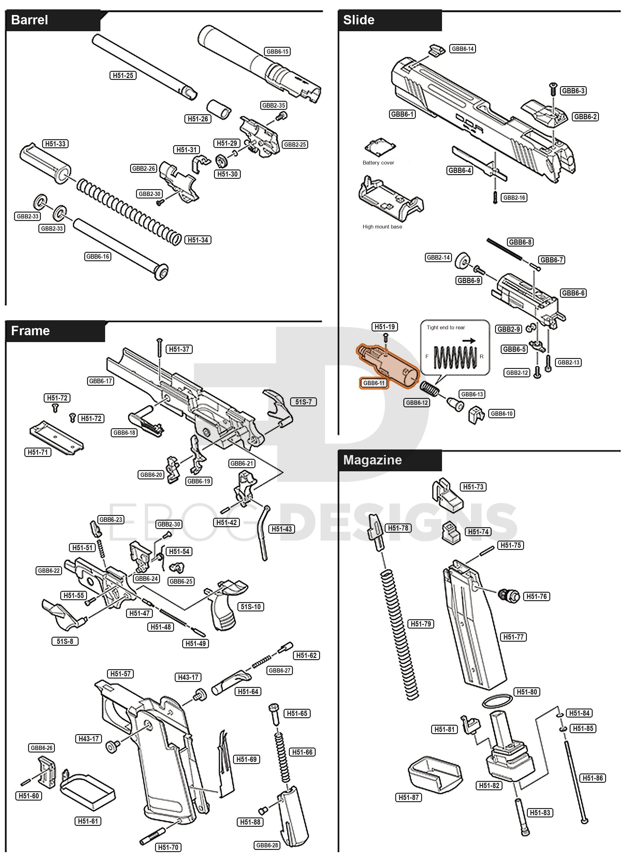 Full Tokyo Marui Hi-Capa D.O.R parts diagram showing where the nozzle (part GBB6-11) fits