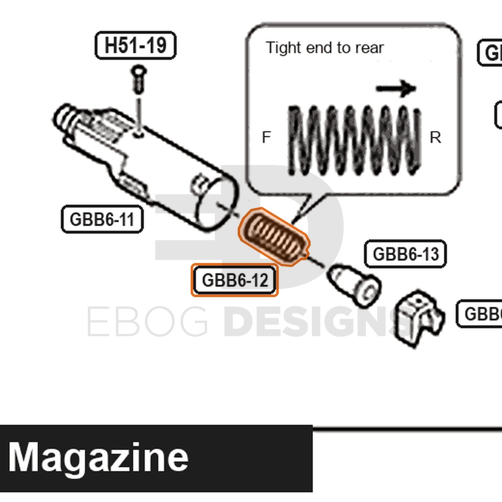 Tokyo Marui Hi-Capa D.O.R parts diagram with the nozzle valve spring, part GBB6-12, outlined