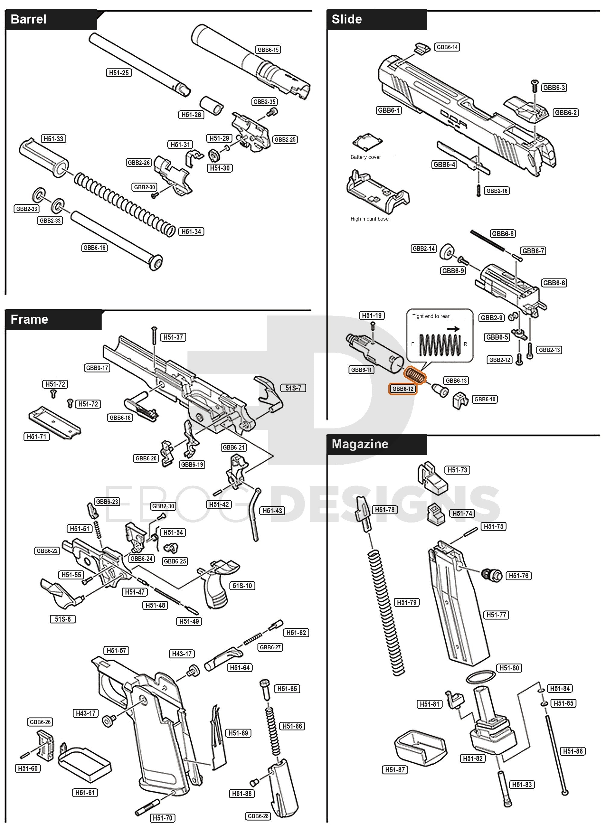Full Tokyo Marui Hi-Capa D.O.R parts diagram showing where the nozzle valve spring (part GBB6-12) fits