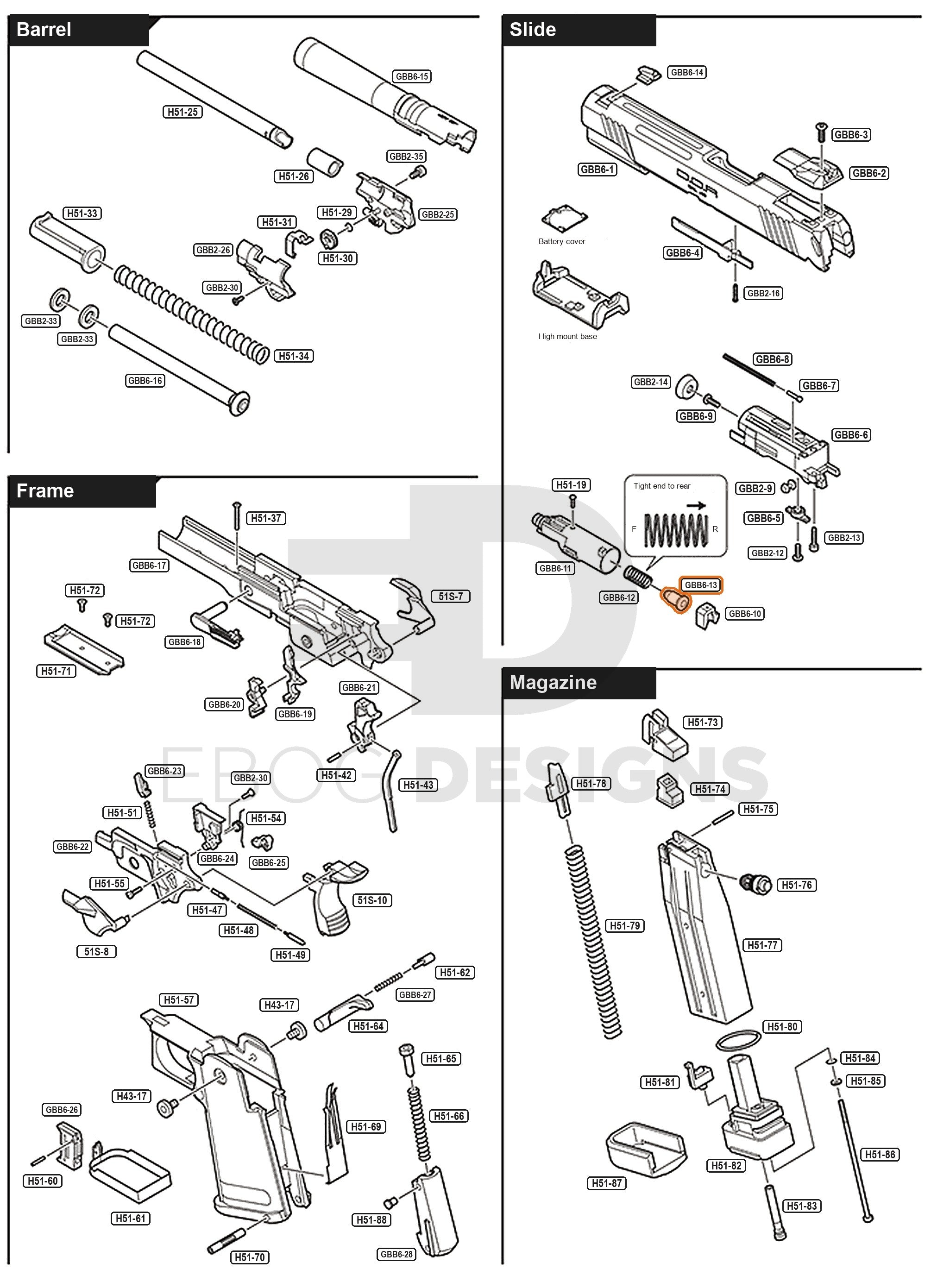 Full Tokyo Marui Hi-Capa D.O.R parts diagram showing where the nozzle valve (part GBB6-13) fits