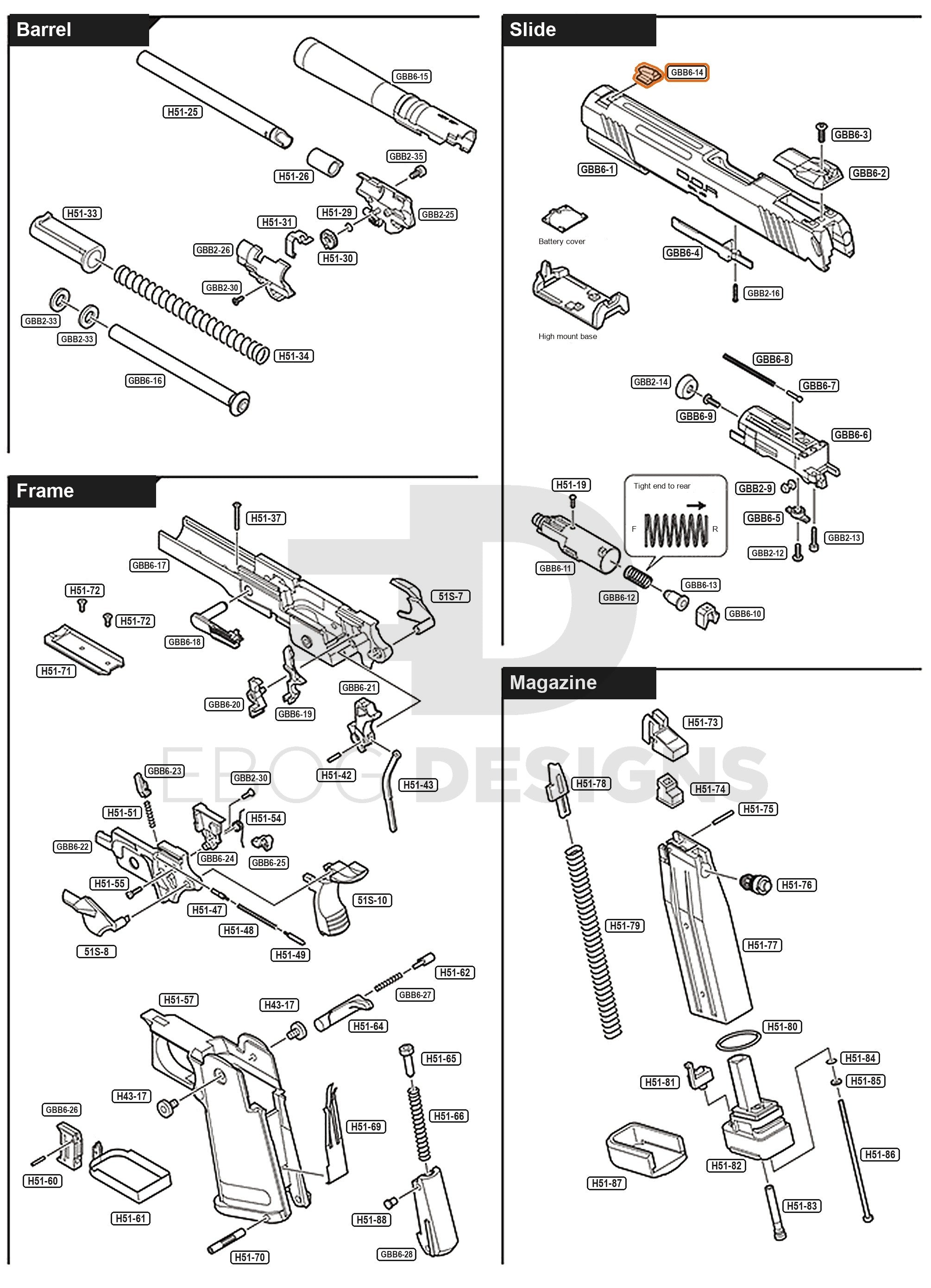 Full Tokyo Marui Hi-Capa D.O.R parts diagram showing where the front sight (part GBB6-14) fits