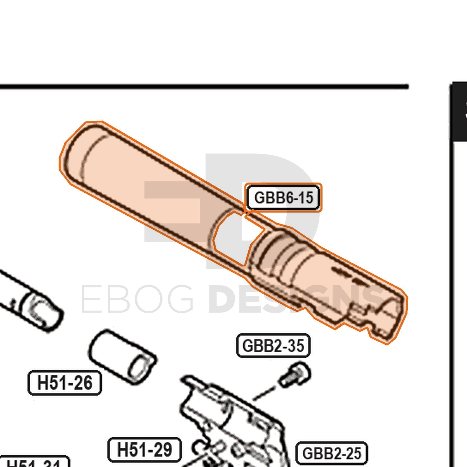 Tokyo Marui Hi-Capa D.O.R parts diagram with the outer barrel, part GBB6-15, outlined