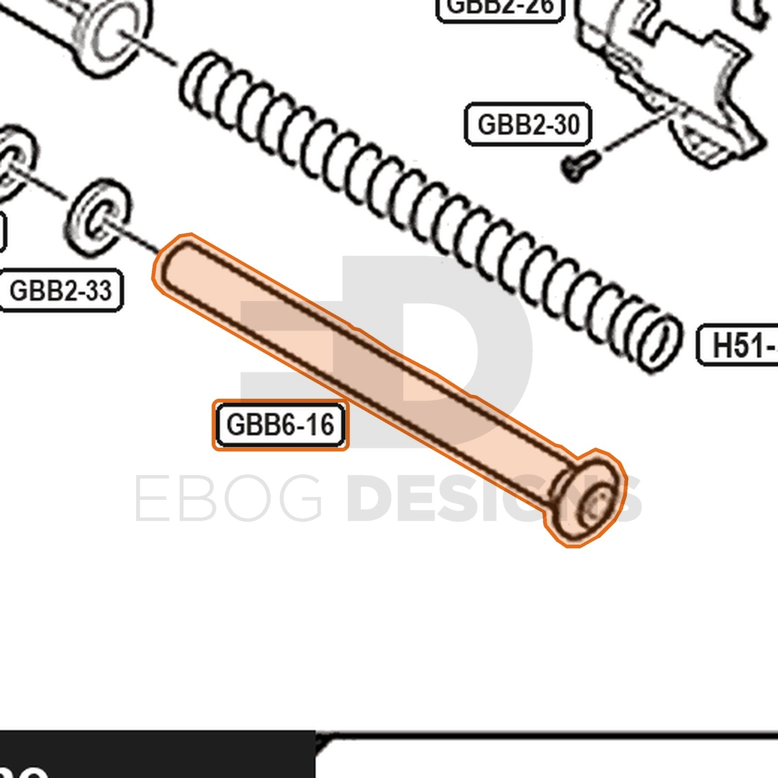 Tokyo Marui Hi-Capa D.O.R parts diagram with the recoil spring guide, part GBB6-16, outlined
