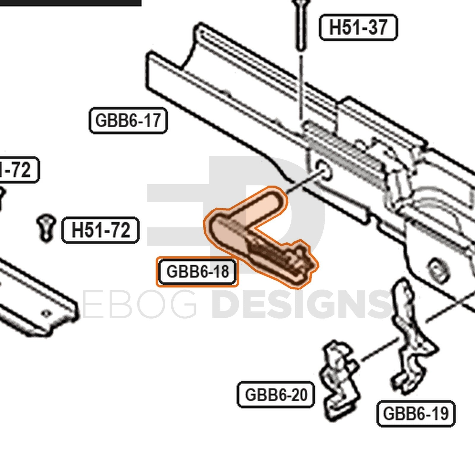 Tokyo Marui Hi-Capa D.O.R parts diagram with the slide stop lever, part GBB6-18, outlined