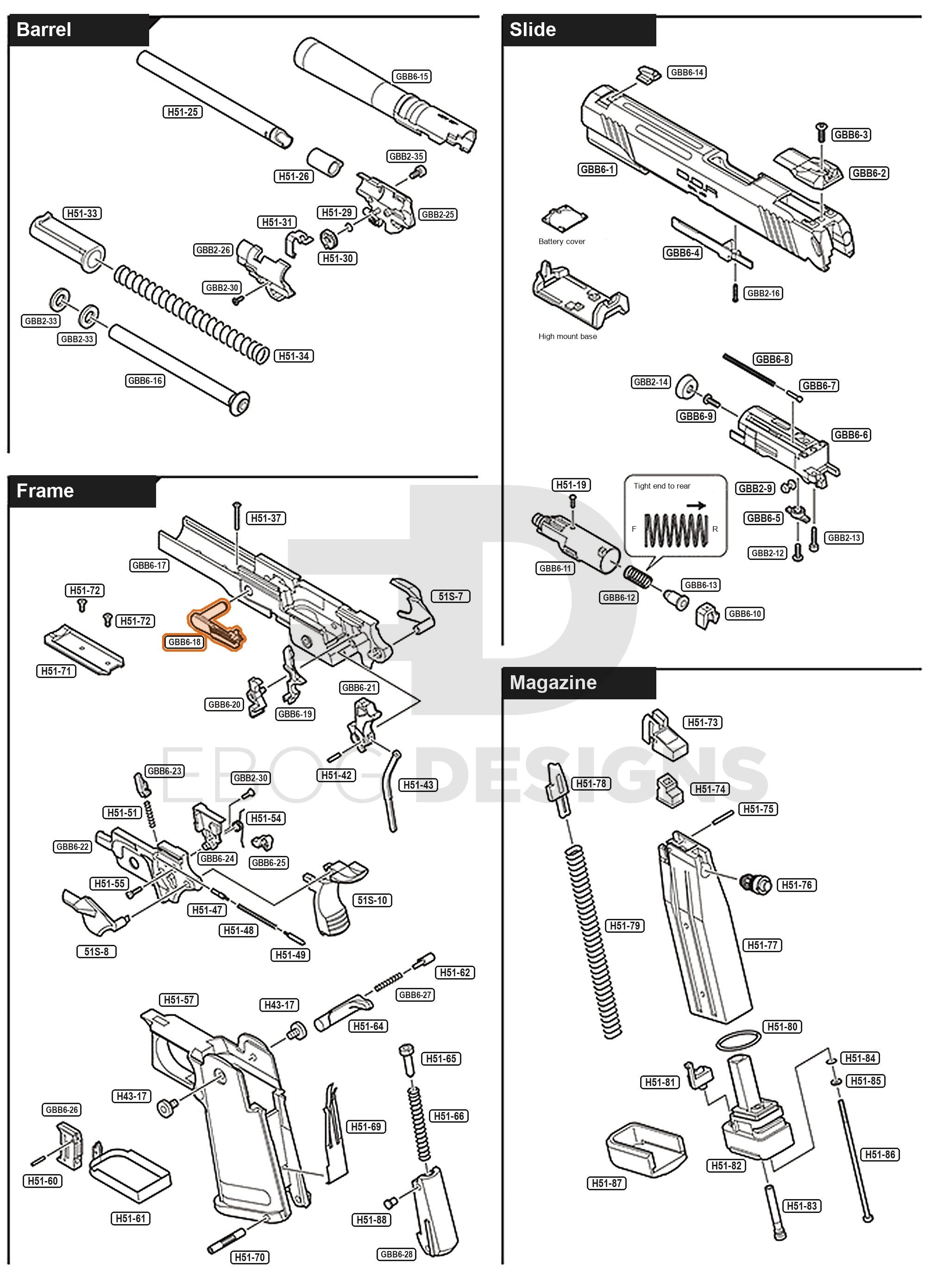 Full Tokyo Marui Hi-Capa D.O.R parts diagram showing where the slide stop lever (part GBB6-18) fits