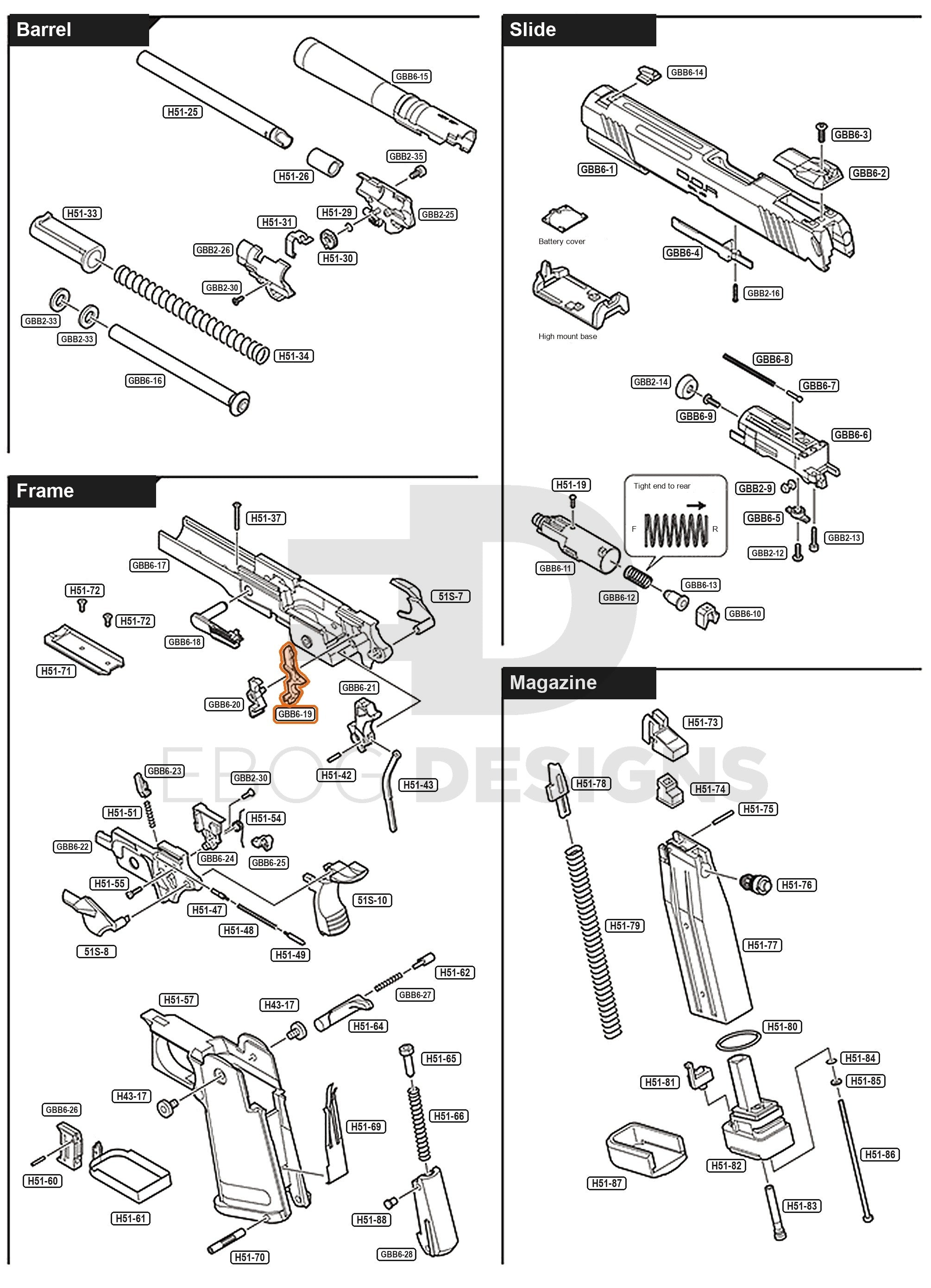 Full Tokyo Marui Hi-Capa D.O.R parts diagram showing where the disconnector (part GBB6-19) fits