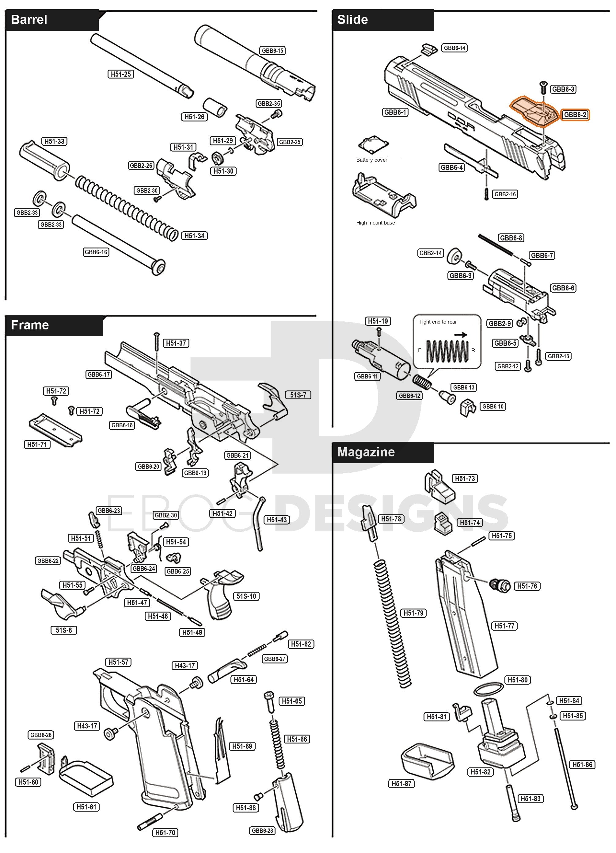 Full Tokyo Marui Hi-Capa D.O.R parts diagram showing where the rear sight (part GBB6-2) fits