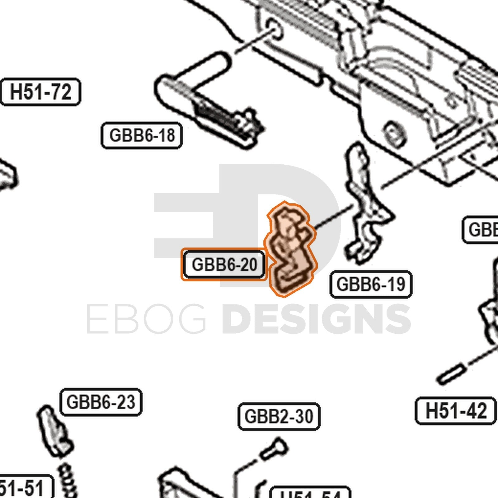 Tokyo Marui Hi-Capa D.O.R parts diagram with the hammer sear, part GBB6-20, outlined