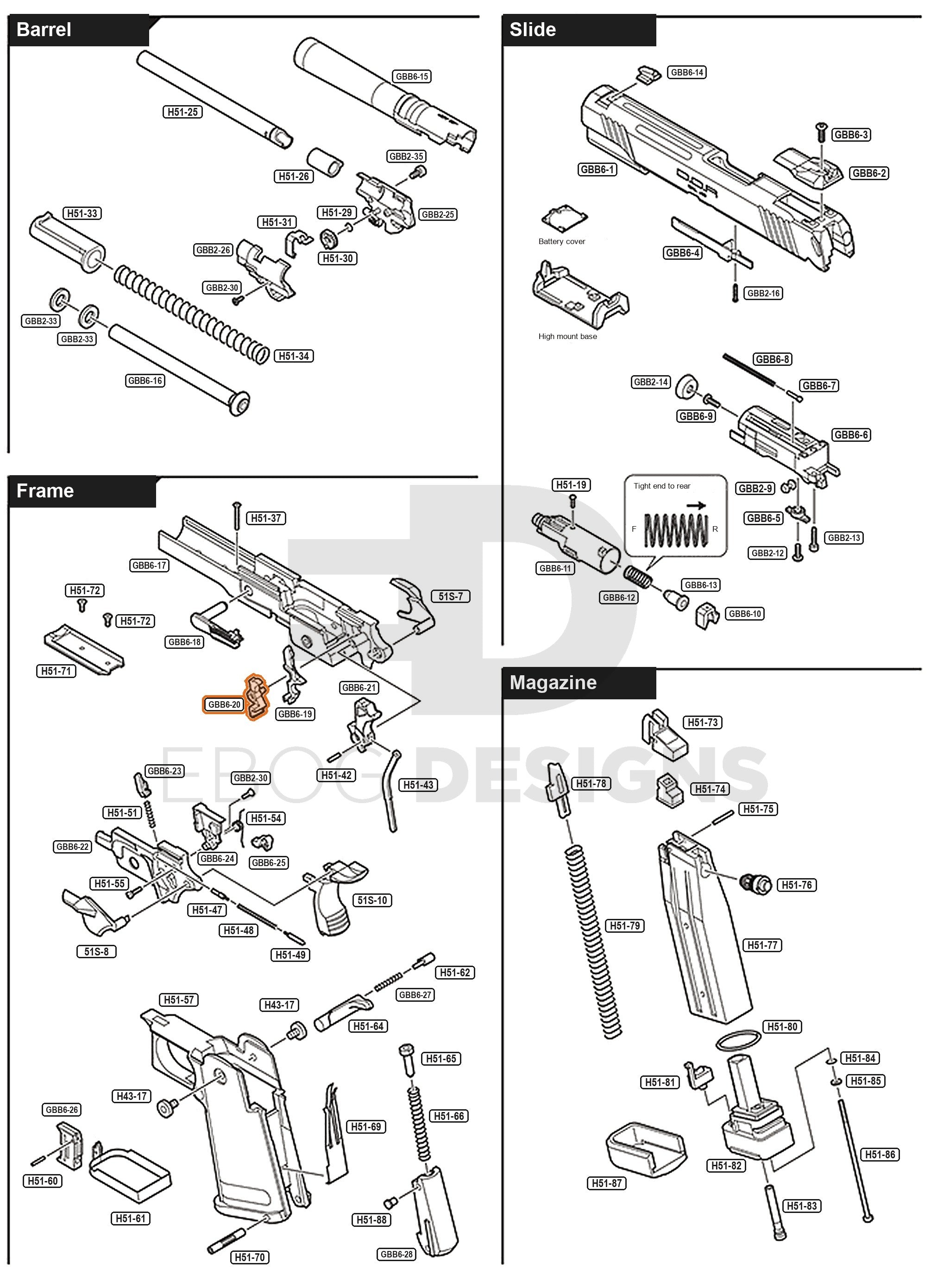 Full Tokyo Marui Hi-Capa D.O.R parts diagram showing where the hammer sear (part GBB6-20) fits