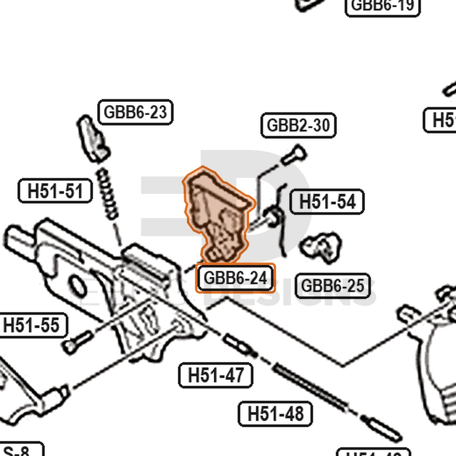 Tokyo Marui Hi-Capa D.O.R parts diagram with the valve knocker housing, part GBB6-24, outlined