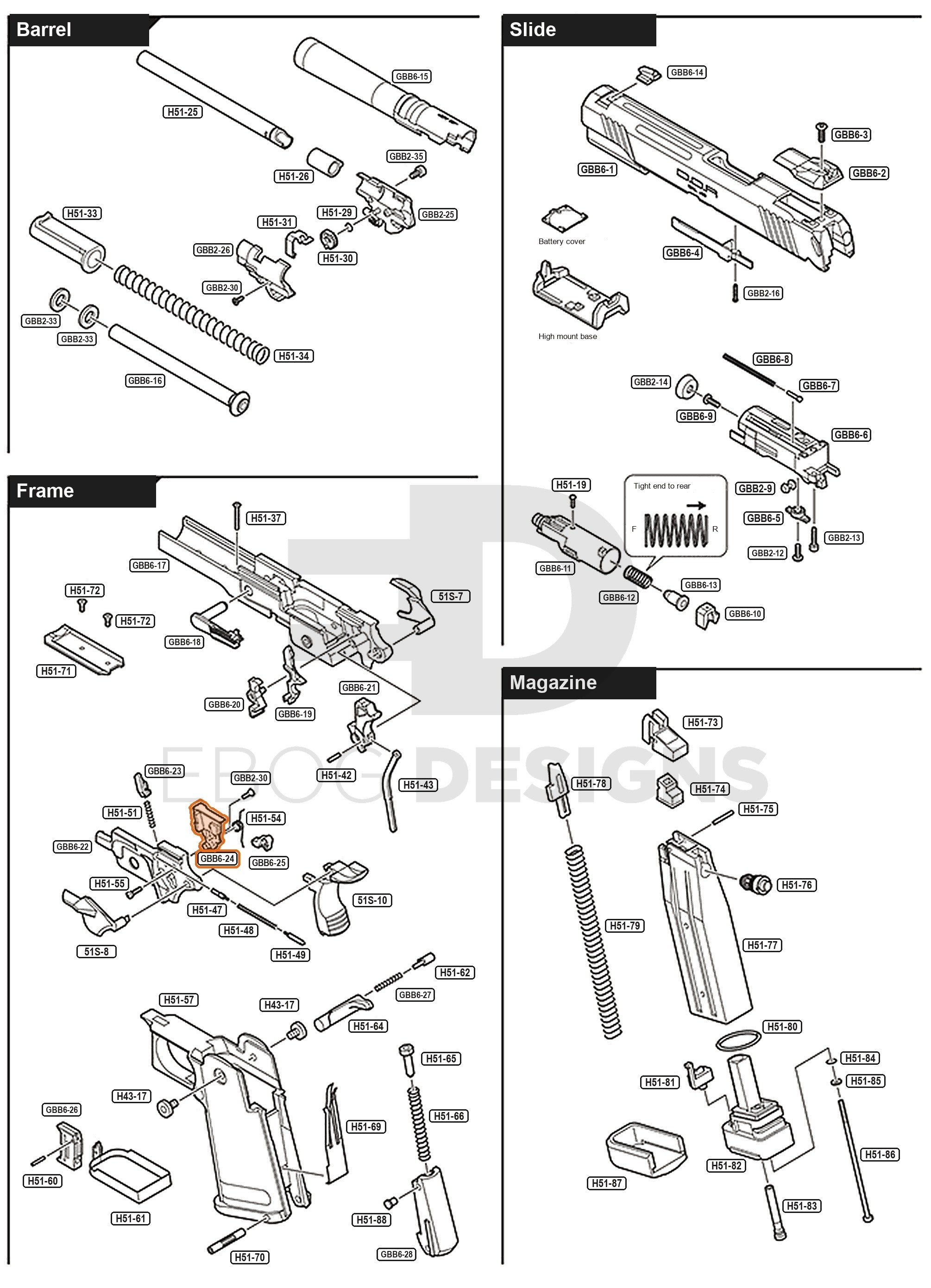 Full Tokyo Marui Hi-Capa D.O.R parts diagram showing where the valve knocker housing (part GBB6-24) fits