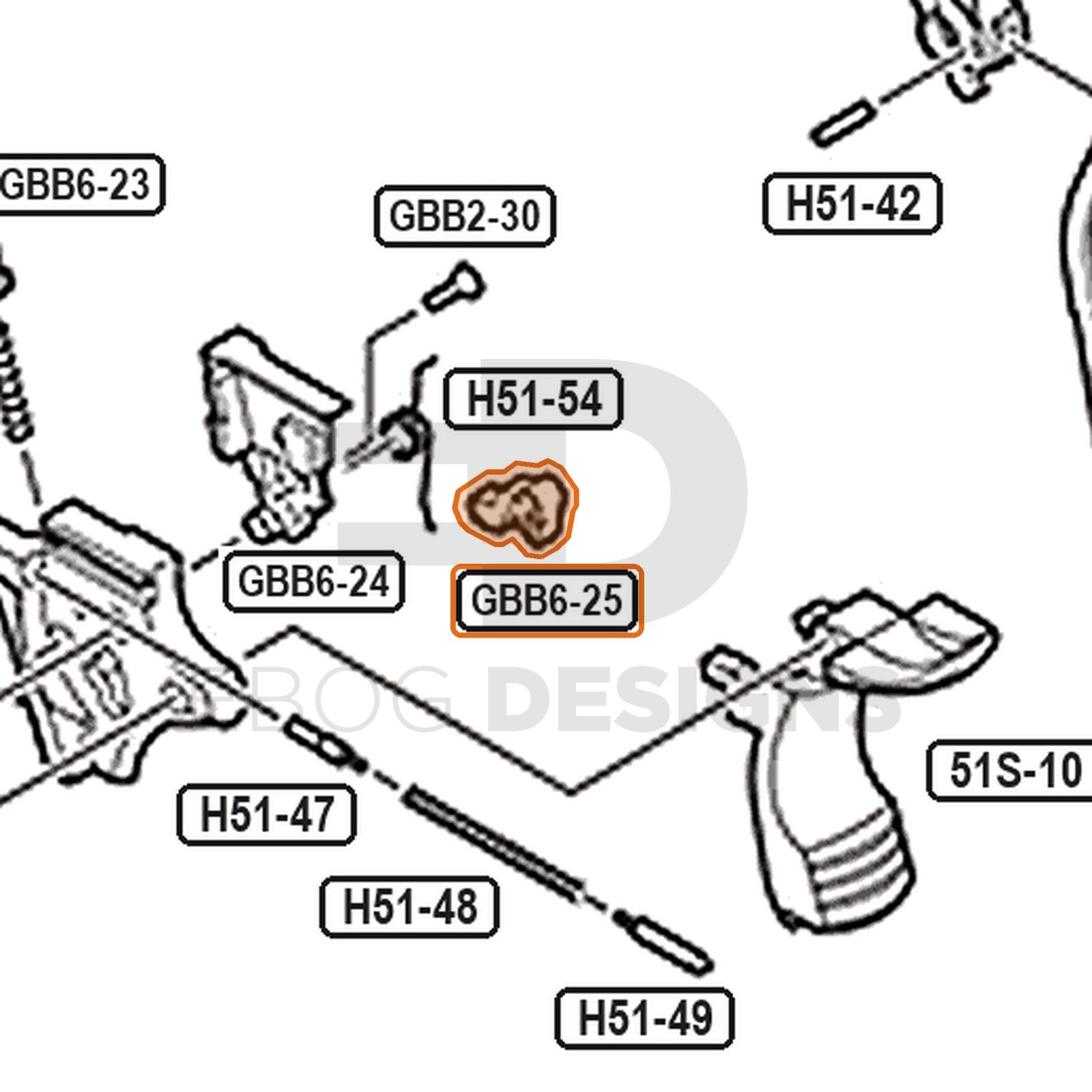 Tokyo Marui Hi-Capa D.O.R parts diagram with the valve knocker, part GBB6-25, outlined