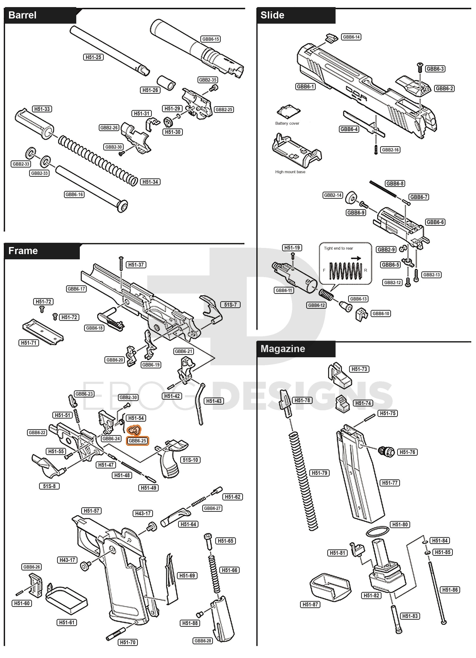 Full Tokyo Marui Hi-Capa D.O.R parts diagram showing where the valve knocker (part GBB6-25) fits