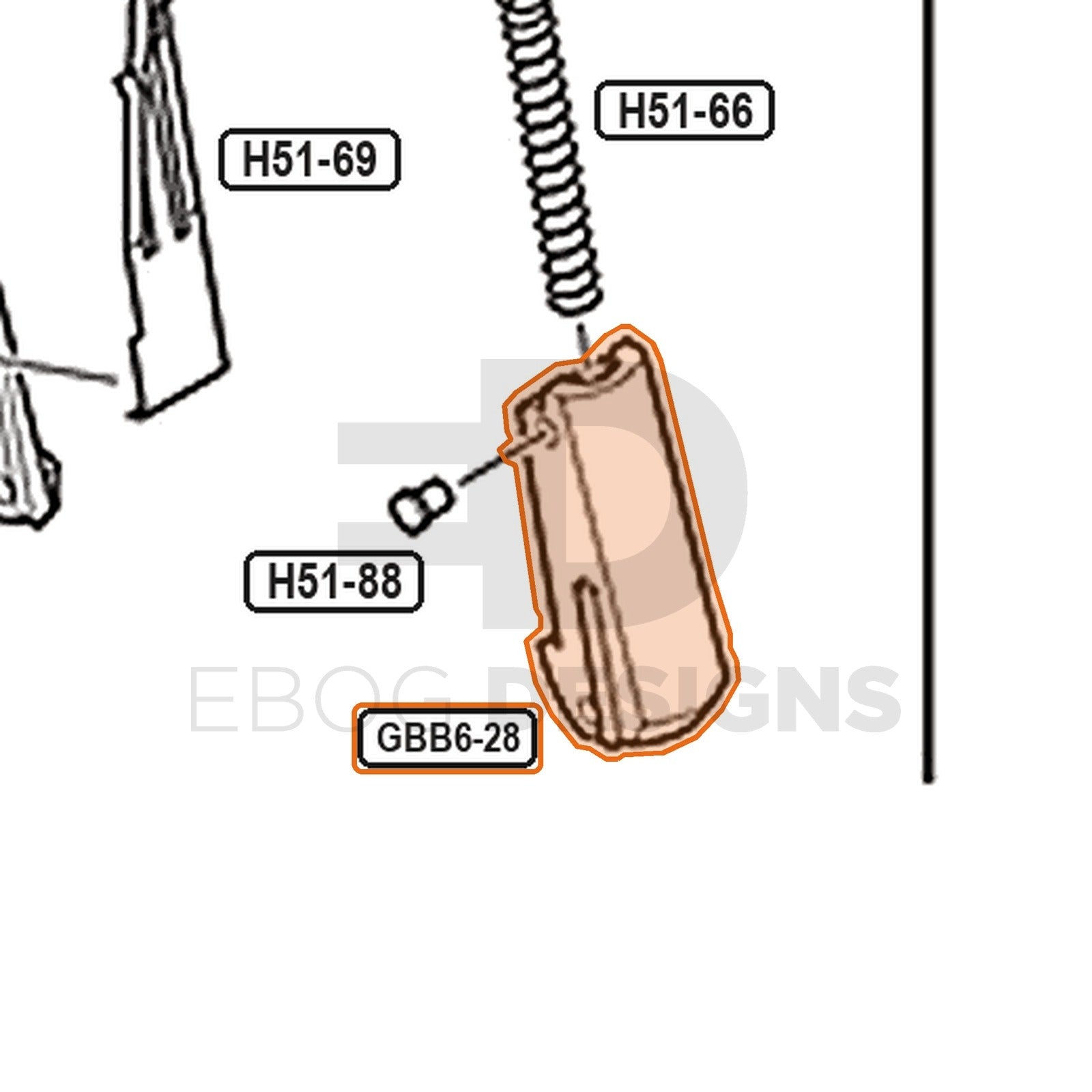 Tokyo Marui Hi-Capa D.O.R parts diagram with the hammer grip block, part GBB6-28, outlined