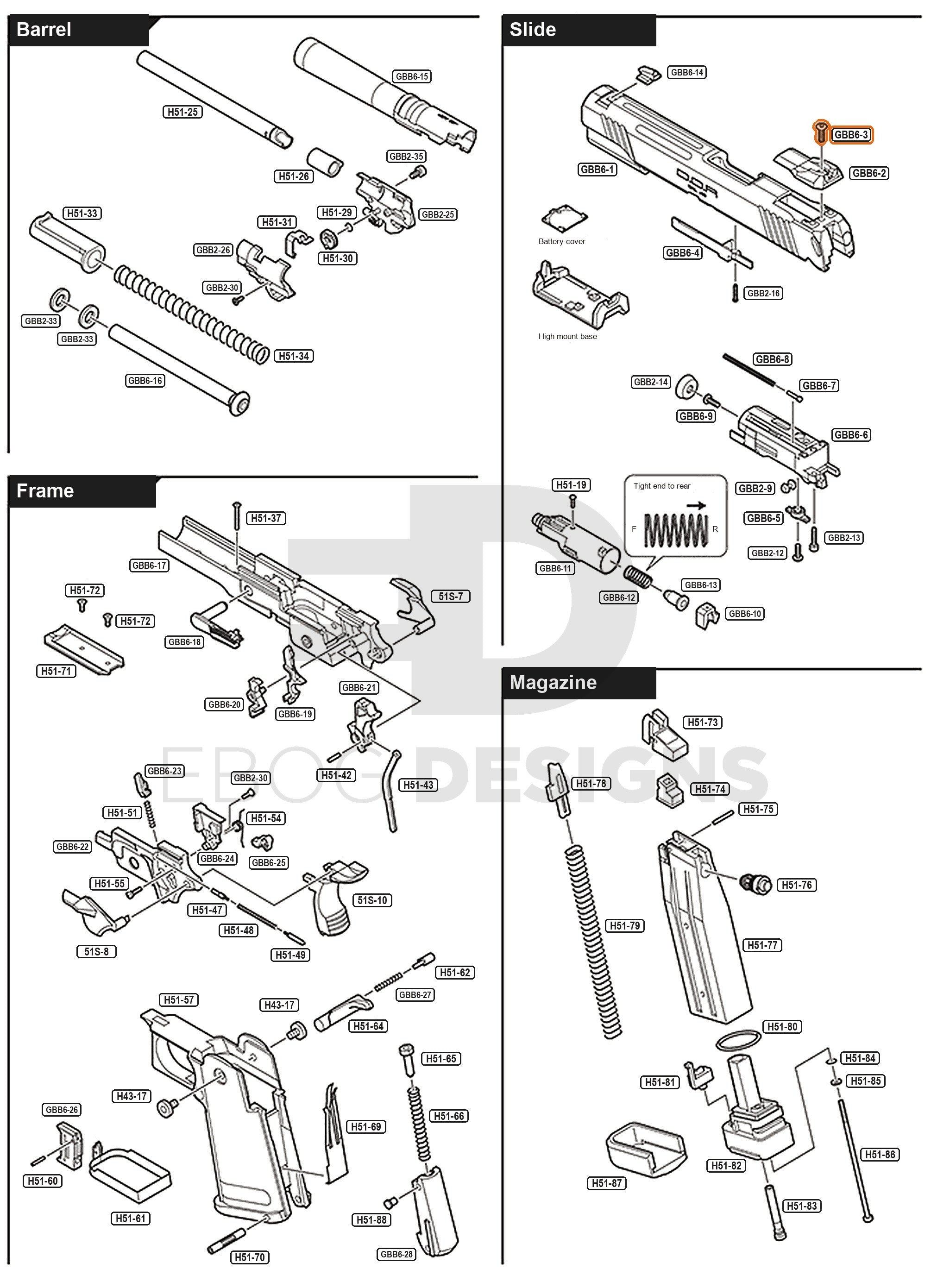 Full Tokyo Marui Hi-Capa D.O.R parts diagram showing where the rear sight screw (part GBB6-3) fits