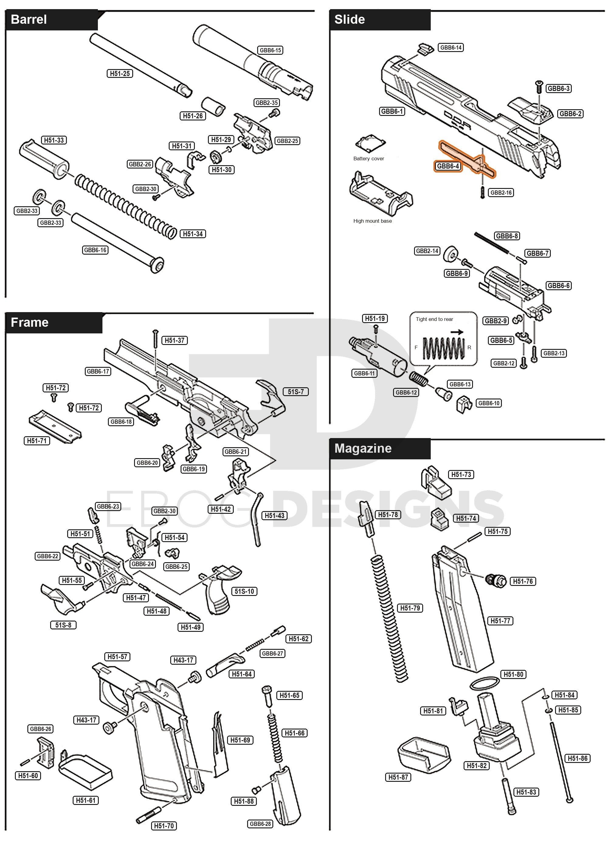 Full Tokyo Marui Hi-Capa D.O.R parts diagram showing where the slide rail (part GBB6-4) fits