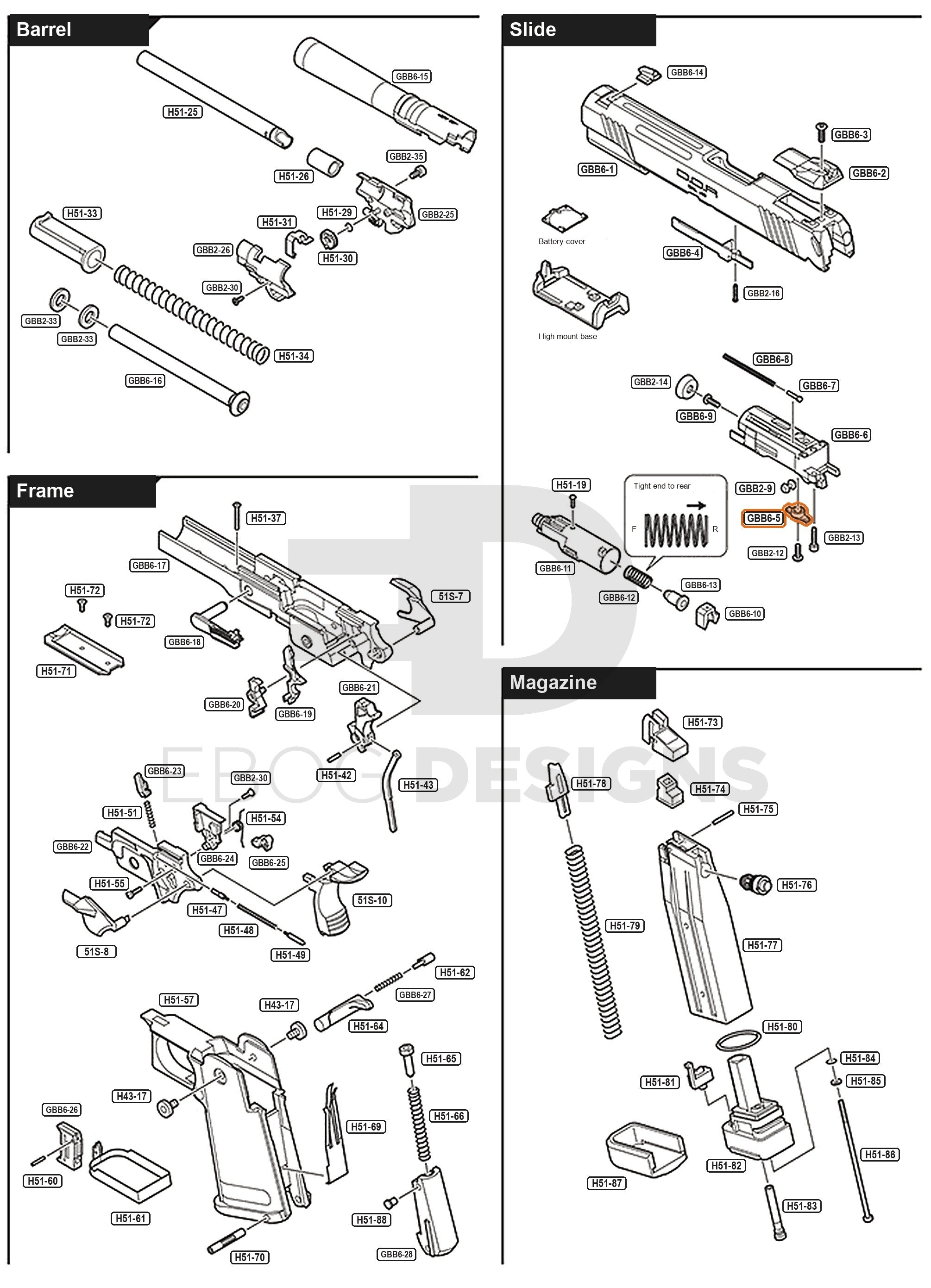Full Tokyo Marui Hi-Capa D.O.R parts diagram showing where the blowback unit piston part (part GBB6-5) fits
