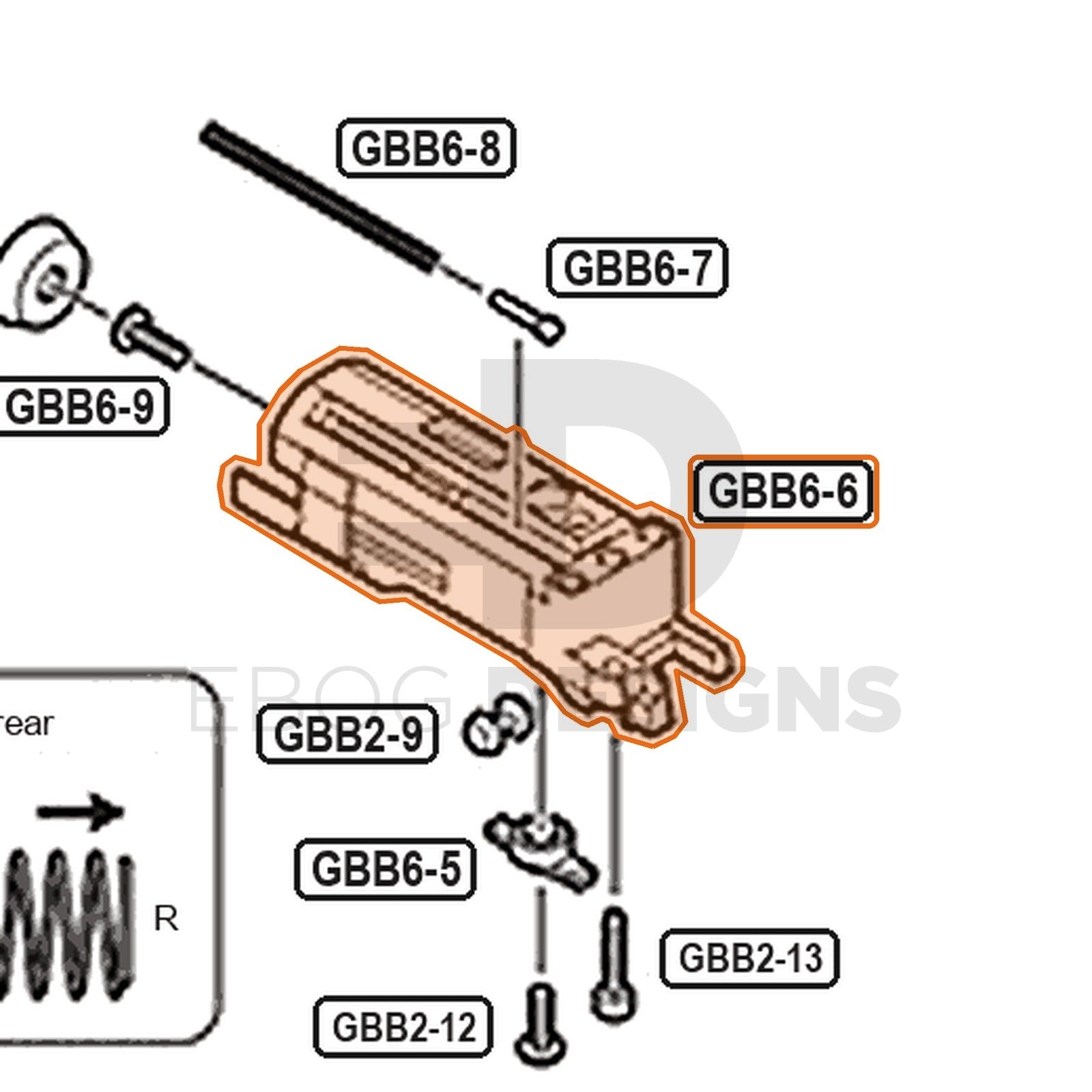 Tokyo Marui Hi-Capa D.O.R parts diagram with the blowback unit, part GBB6-6, outlined