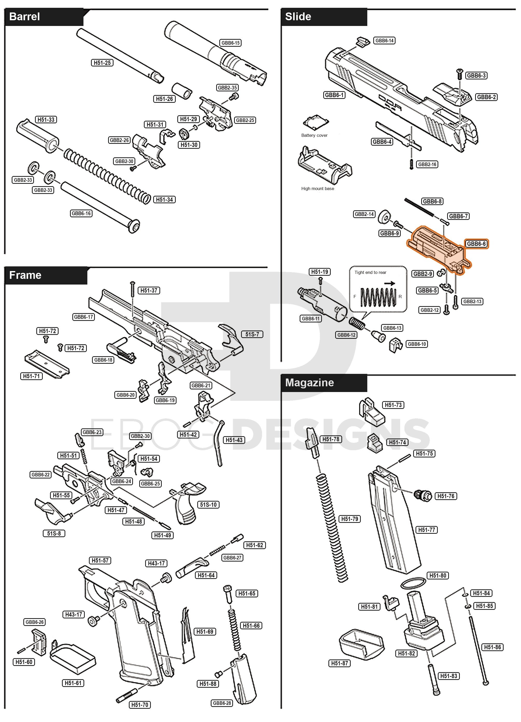 Full Tokyo Marui Hi-Capa D.O.R parts diagram showing where the blowback unit (part GBB6-6) fits