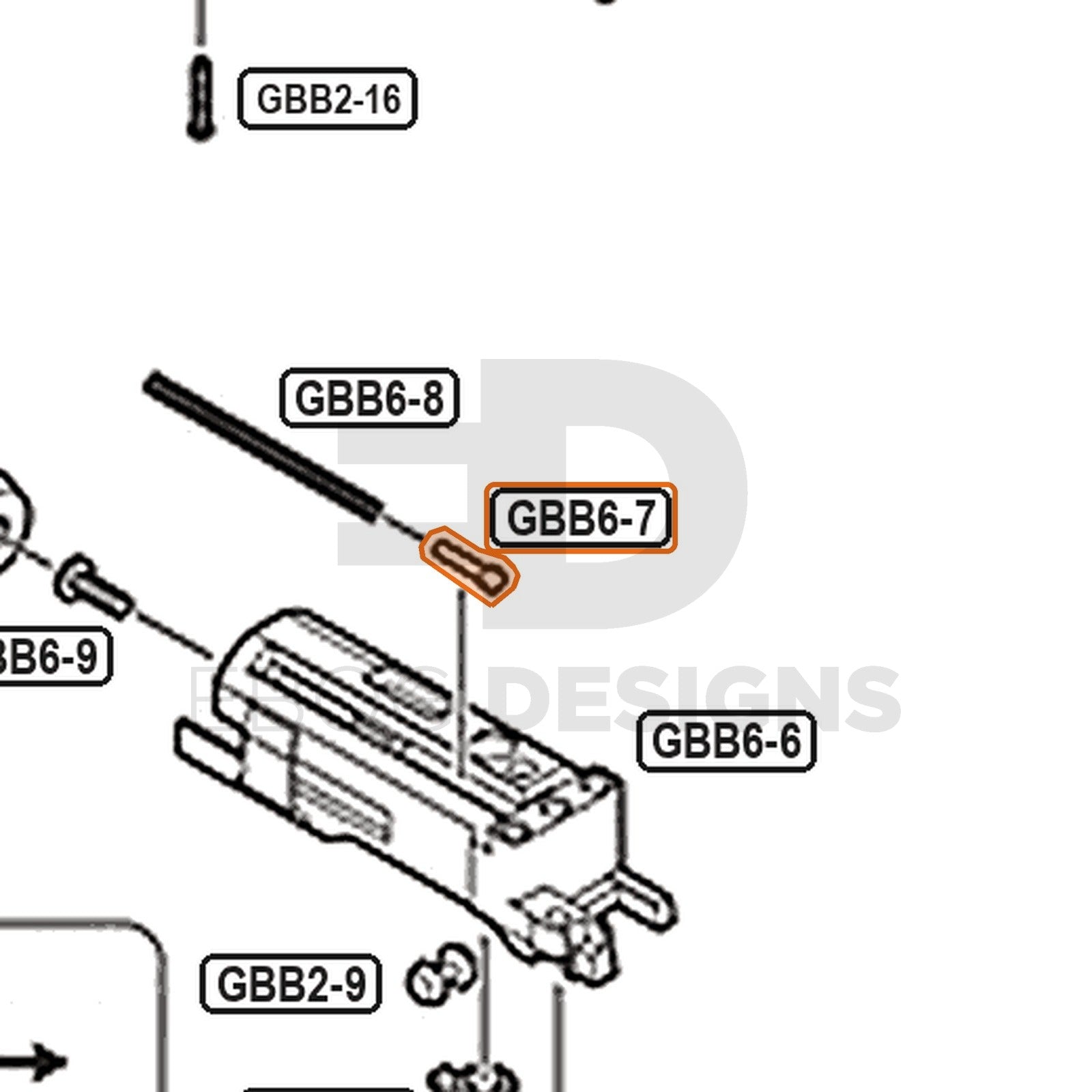 Tokyo Marui Hi-Capa D.O.R parts diagram with the nozzle return pin, part GBB6-7, outlined