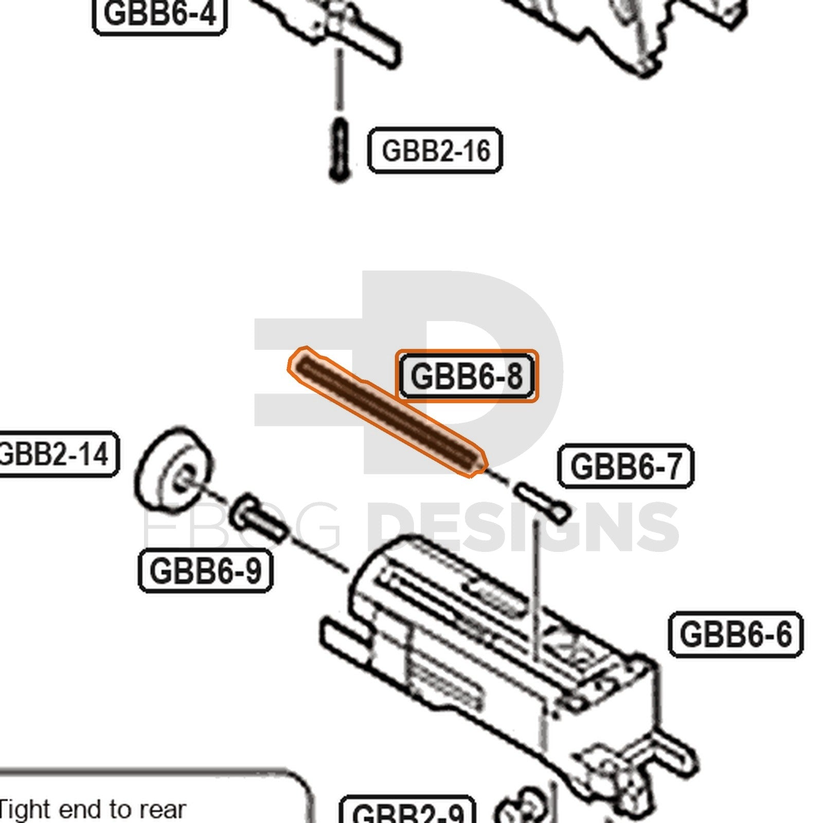 Tokyo Marui Hi-Capa D.O.R parts diagram with the nozzle return spring, part GBB6-8, outlined
