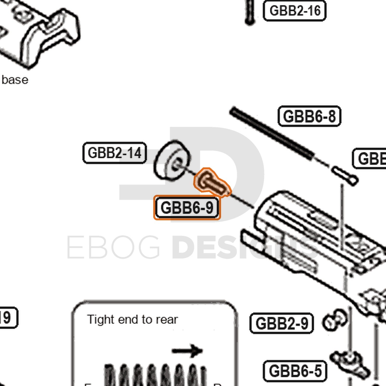 Tokyo Marui Hi-Capa D.O.R parts diagram with the piston cup screw, part GBB6-9, outlined