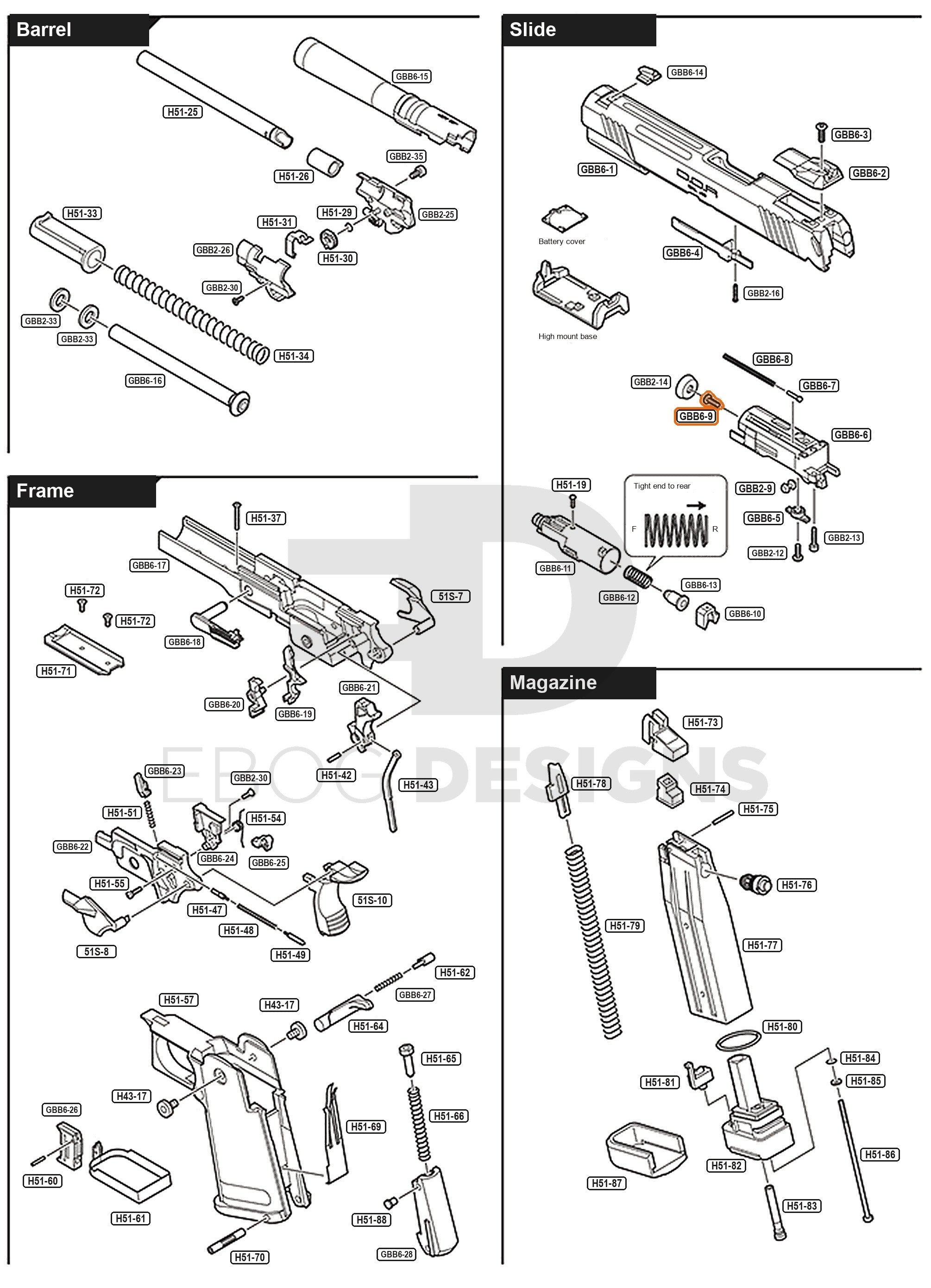 Full Tokyo Marui Hi-Capa D.O.R parts diagram showing where the piston cup screw (part GBB6-9) fits