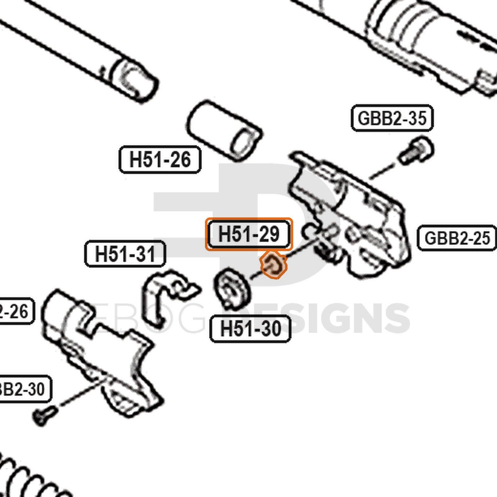 Tokyo Marui Hi-Capa D.O.R parts diagram with the hop wheel o-ring, part H51-29, outlined