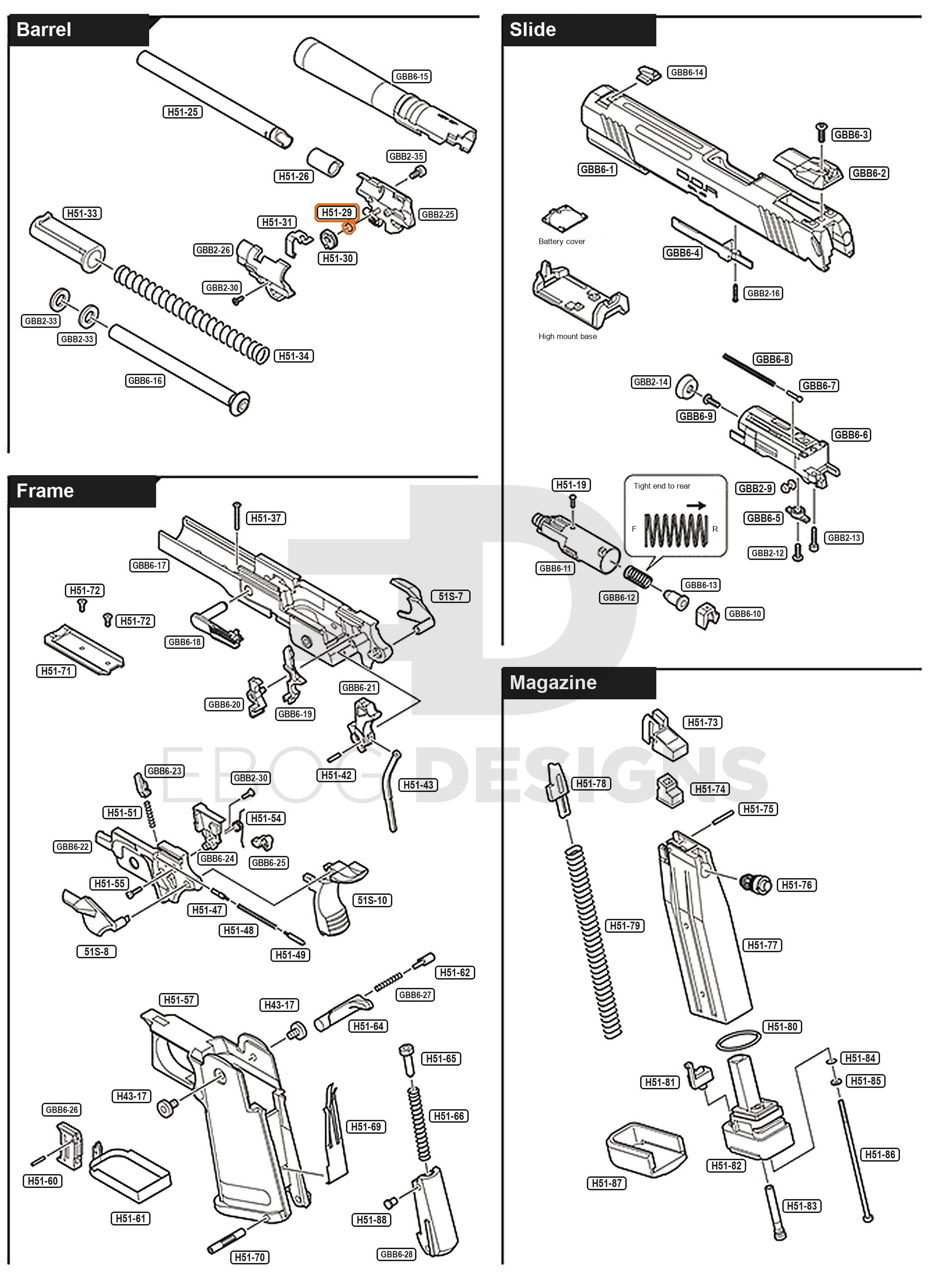 Full Tokyo Marui Hi-Capa D.O.R parts diagram showing where the hop wheel o-ring (part H51-29) fits