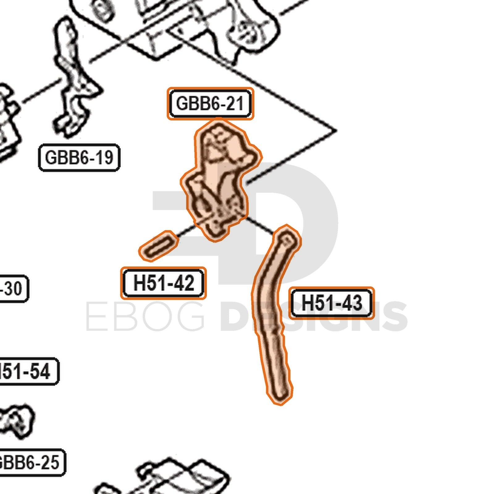 Tokyo Marui Hi-Capa D.O.R parts diagram with the hammer assembly, parts GBB6-21, H51-42 and H51-43, outlined