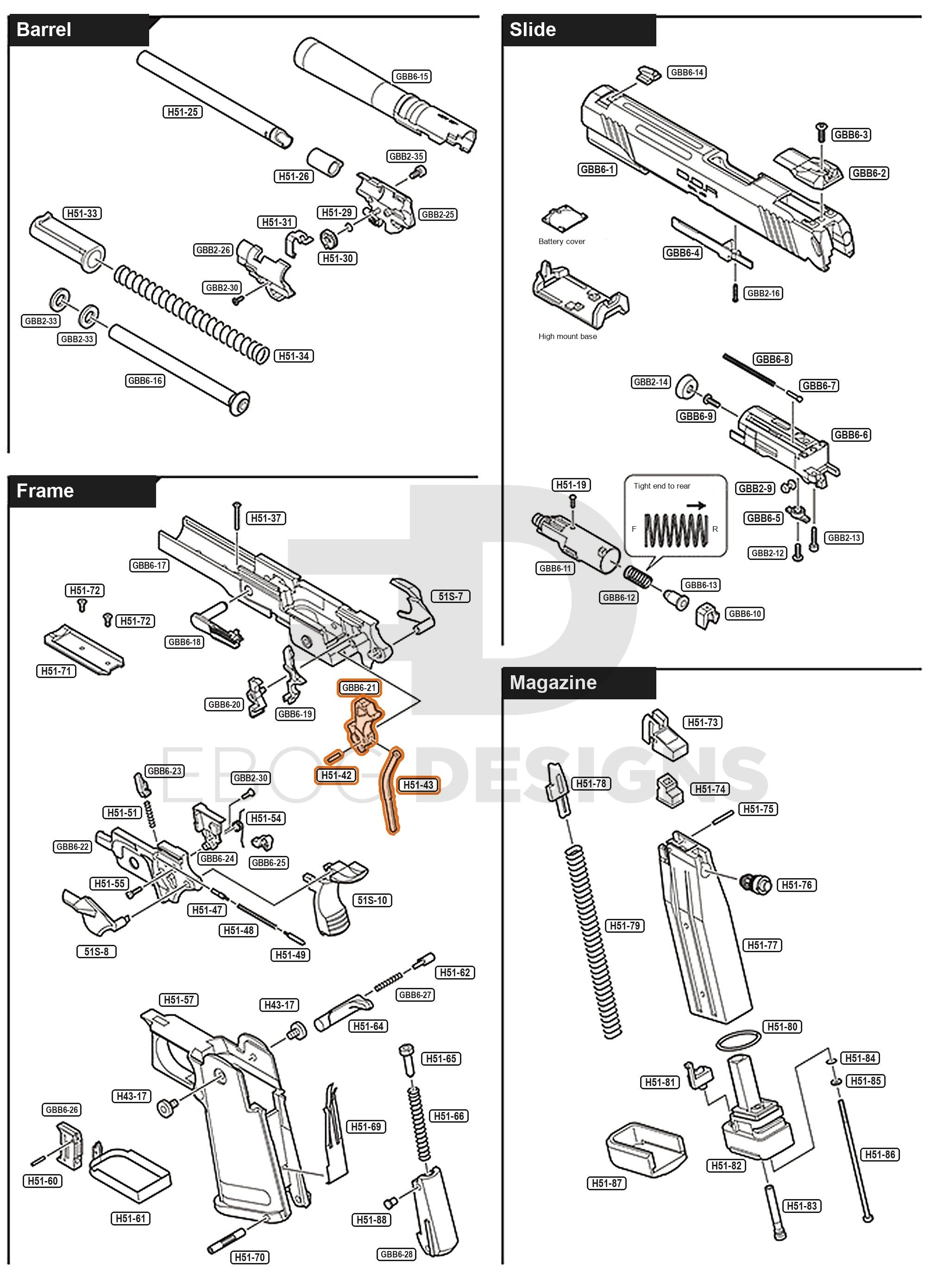 Full Tokyo Marui Hi-Capa D.O.R parts diagram showing where the hammer assembly (parts GBB6-21, H51-42 and H51-43) fits