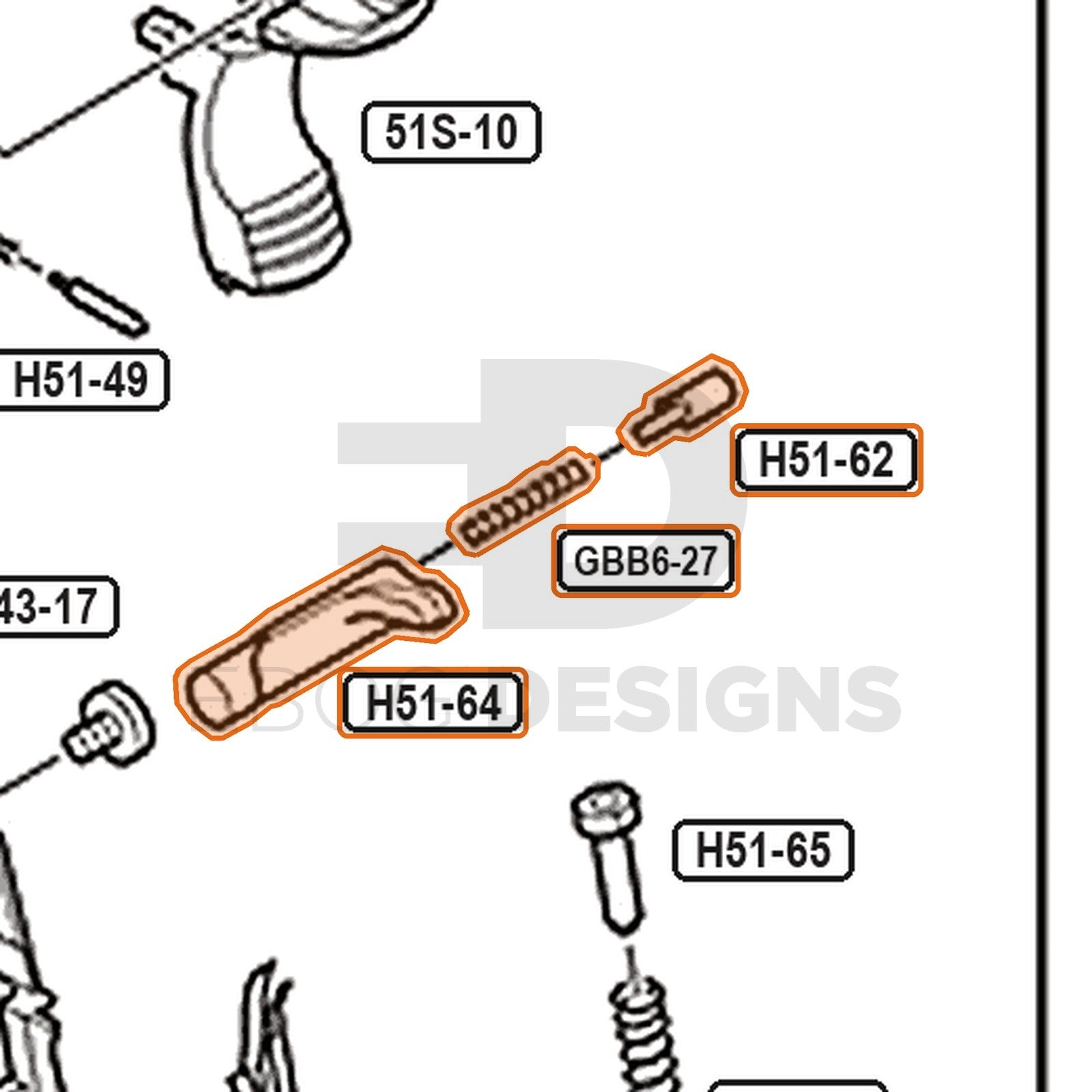 Tokyo Marui Hi-Capa D.O.R parts diagram with the magazine release, parts GBB6-27, H51-62 and H51-64, outlined