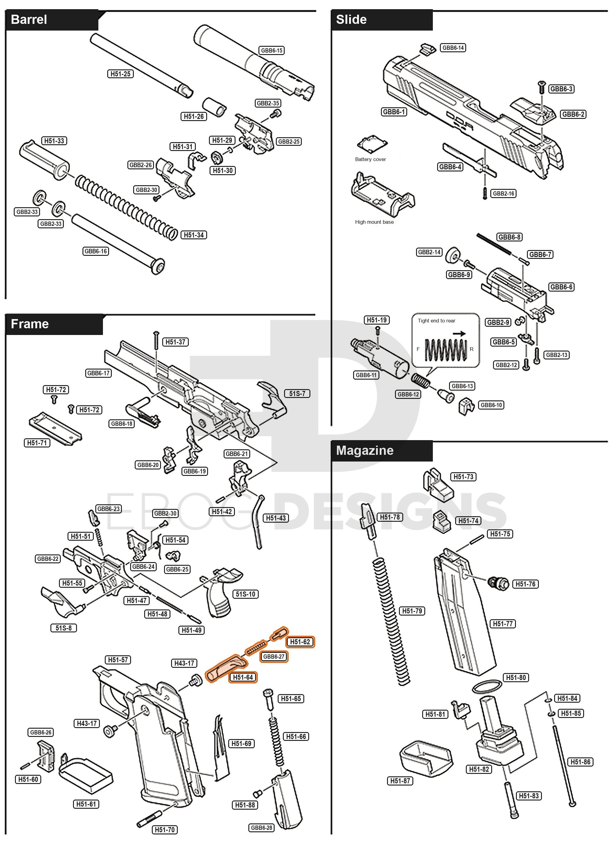 Full Tokyo Marui Hi-Capa D.O.R parts diagram showing where the magazine release (parts GBB6-27, H51-62 and H51-64) fits