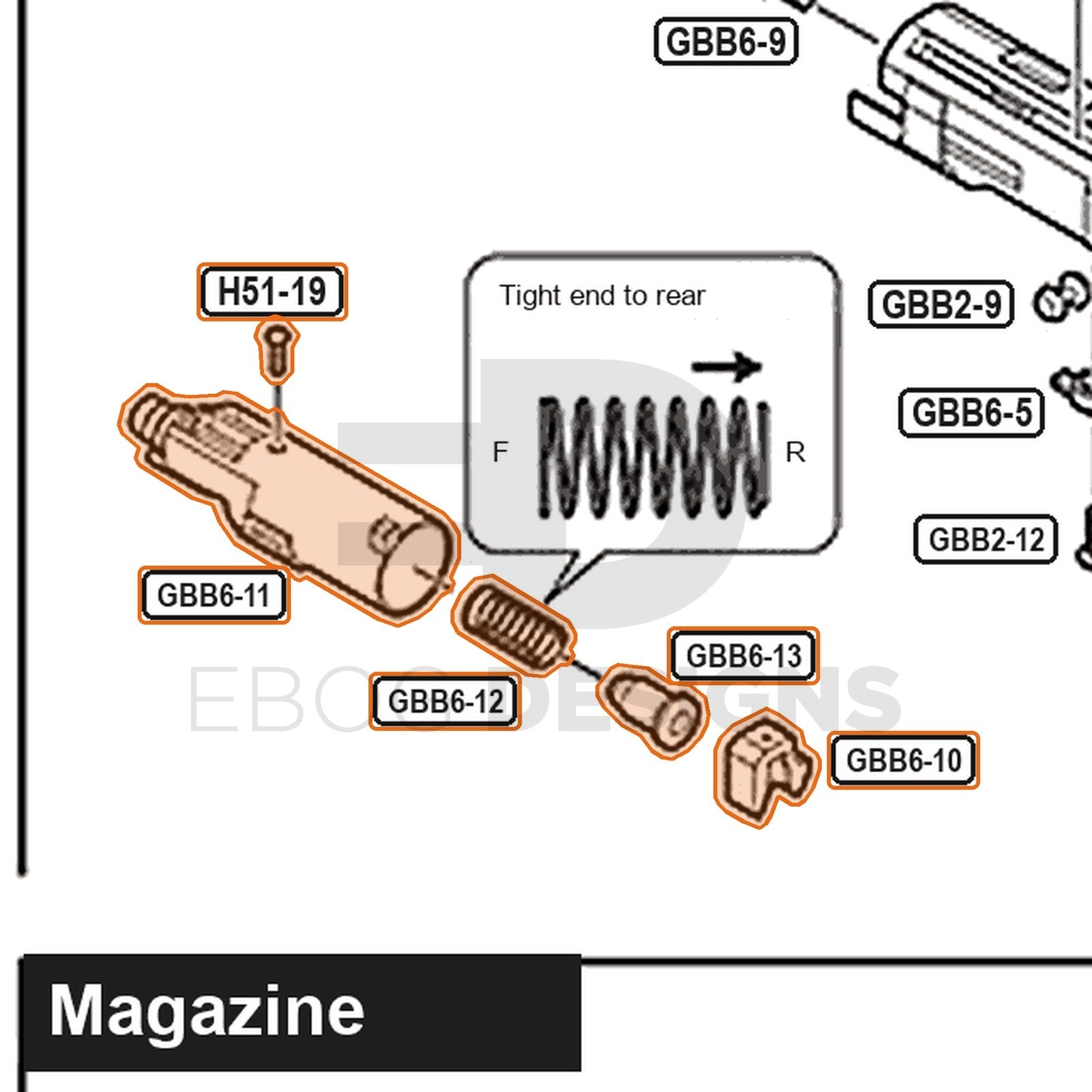 Tokyo Marui Hi-Capa D.O.R parts diagram with the nozzle assembly, parts GBB6-10, GBB6-11, GBB6-12, GBB6-13 and H51-19, outlined