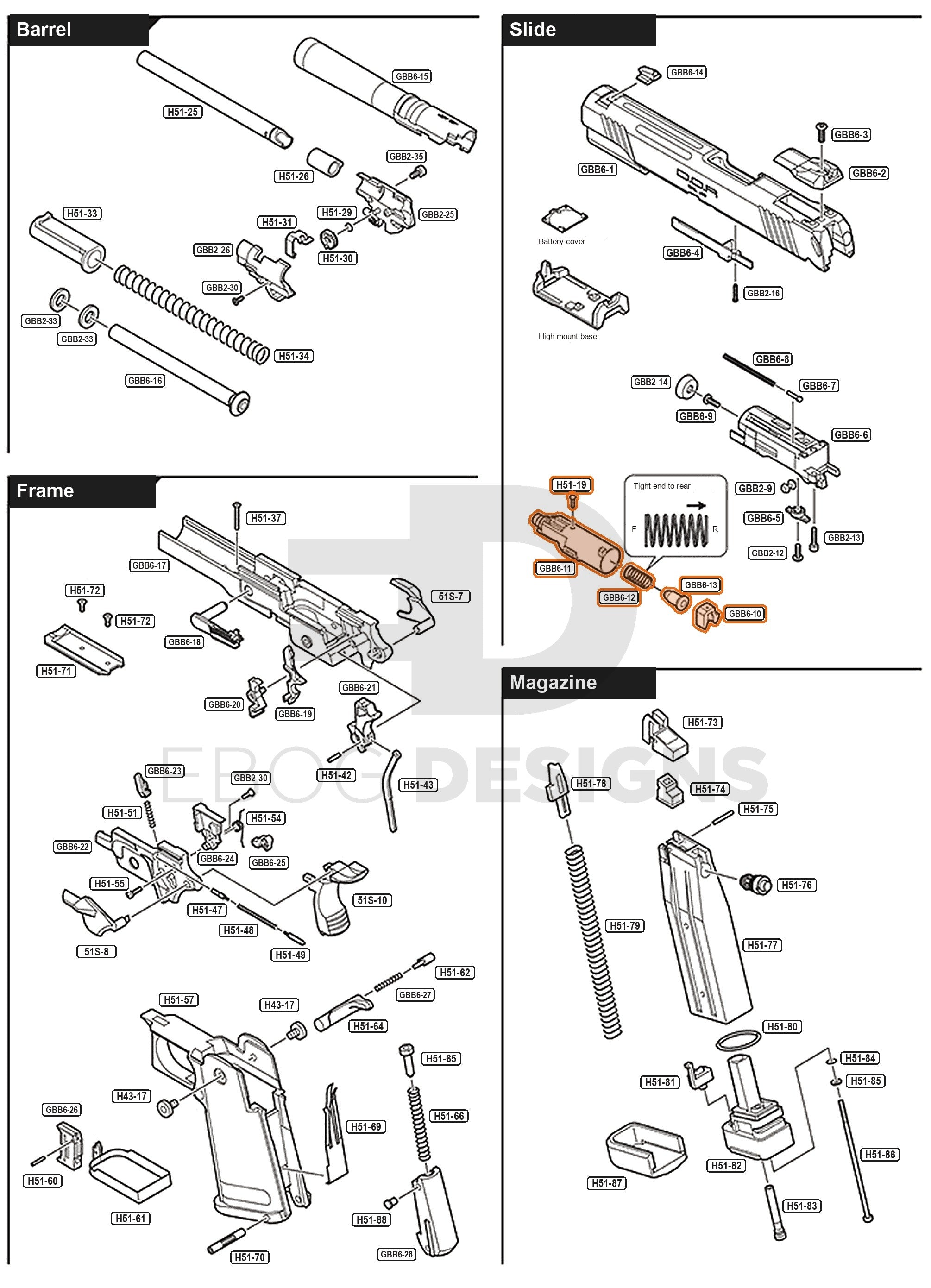 Full Tokyo Marui Hi-Capa D.O.R parts diagram showing where the nozzle assembly (parts GBB6-10, GBB6-11, GBB6-12, GBB6-13 and H51-19) fits