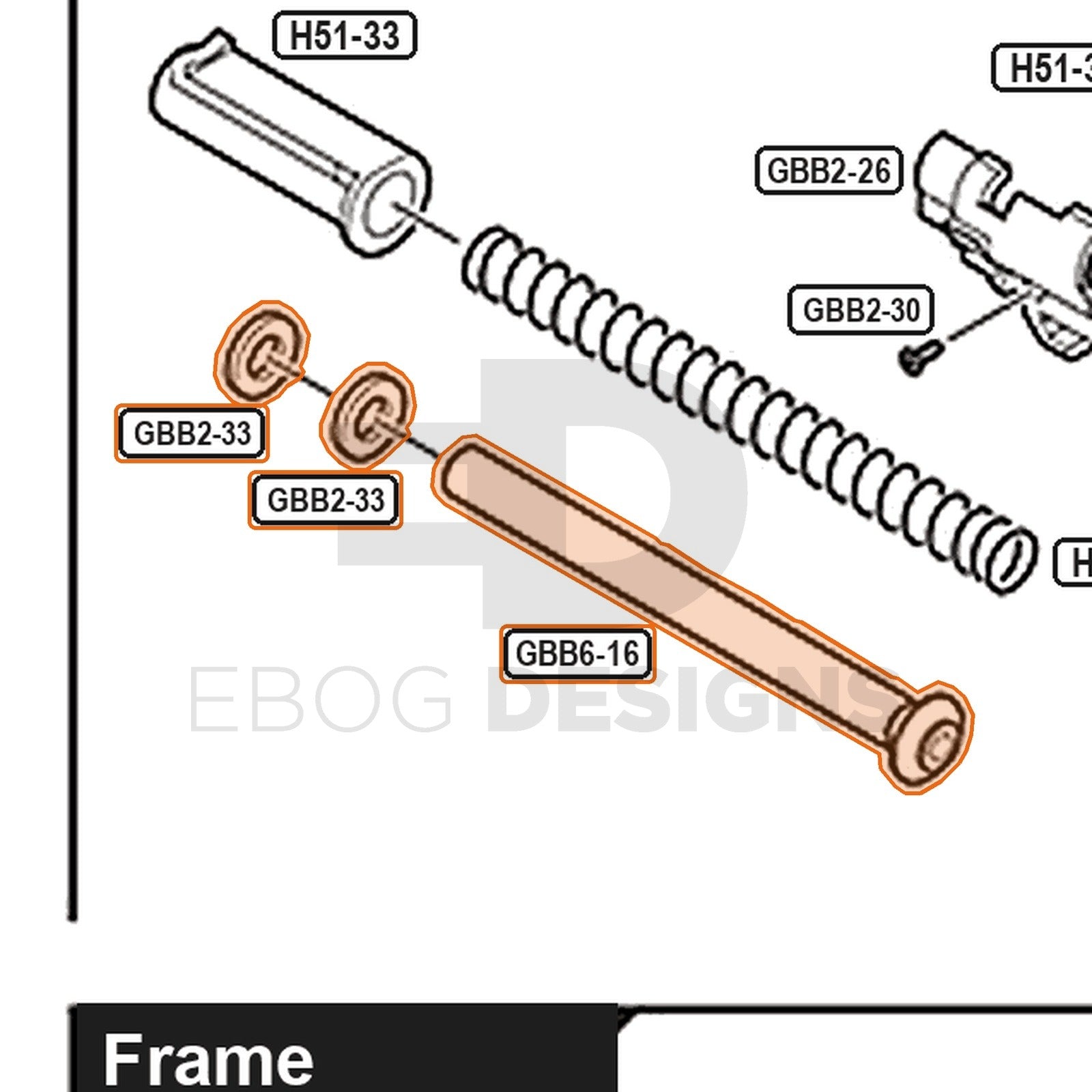 Tokyo Marui Hi-Capa D.O.R parts diagram with the recoil spring guide with buffers, parts GBB6-16 and GBB2-33, outlined