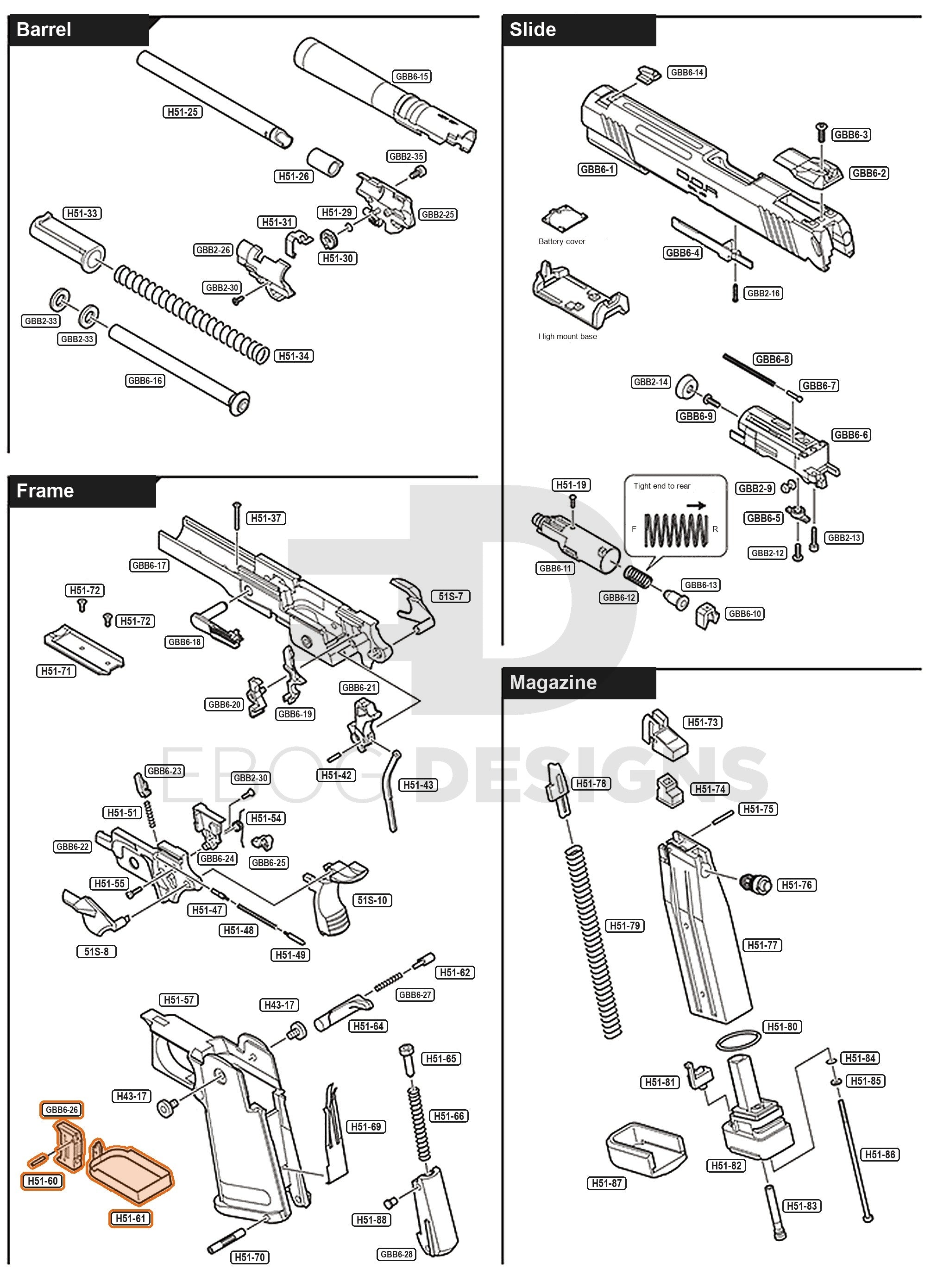 Full Tokyo Marui Hi-Capa D.O.R parts diagram showing where the trigger and bar (parts GBB6-26, H51-60 and H51-61) fits
