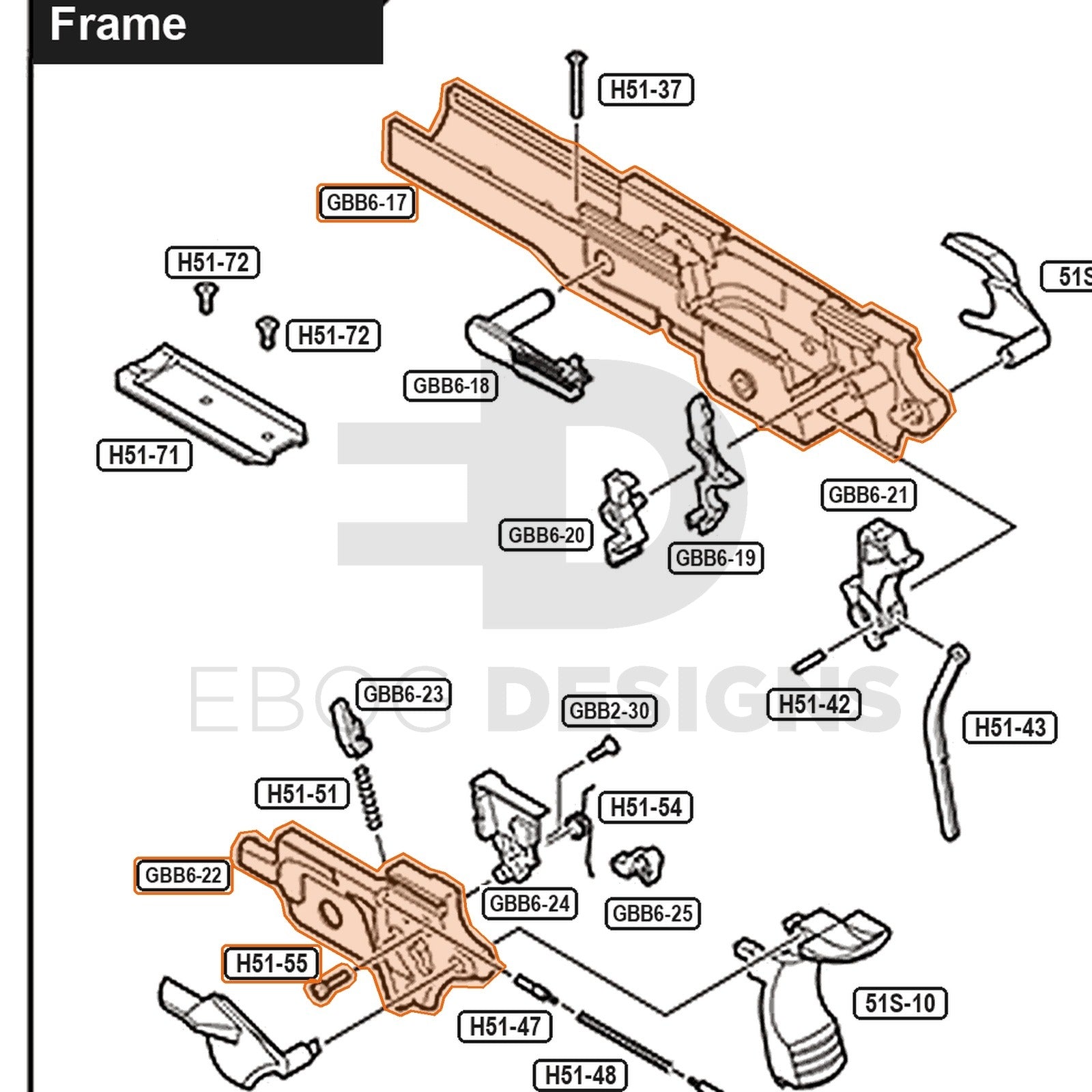 Tokyo Marui Hi-Capa D.O.R parts diagram with the upper frame set, parts GBB6-17, GBB6-22 and H51-55, outlined