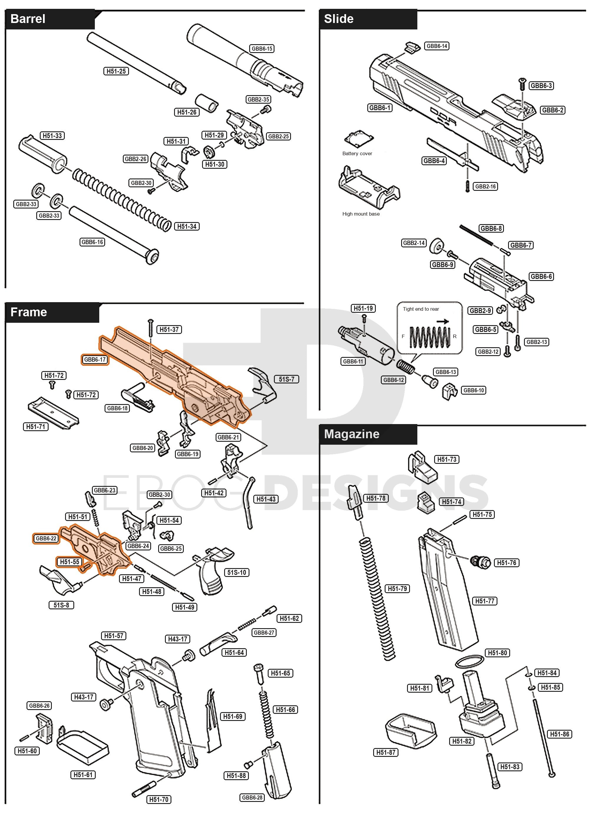 Full Tokyo Marui Hi-Capa D.O.R parts diagram showing where the upper frame set (parts GBB6-17, GBB6-22 and H51-55) fits