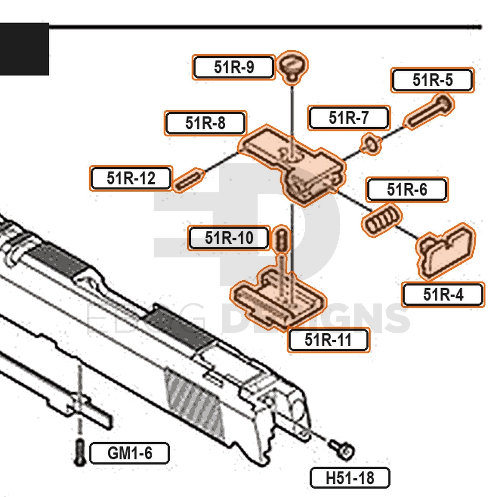 Tokyo Marui Hi-Capa Gold Match parts diagram with the plastic 5.1 rear sight group, parts 51R-4 to 51R-12, outlined