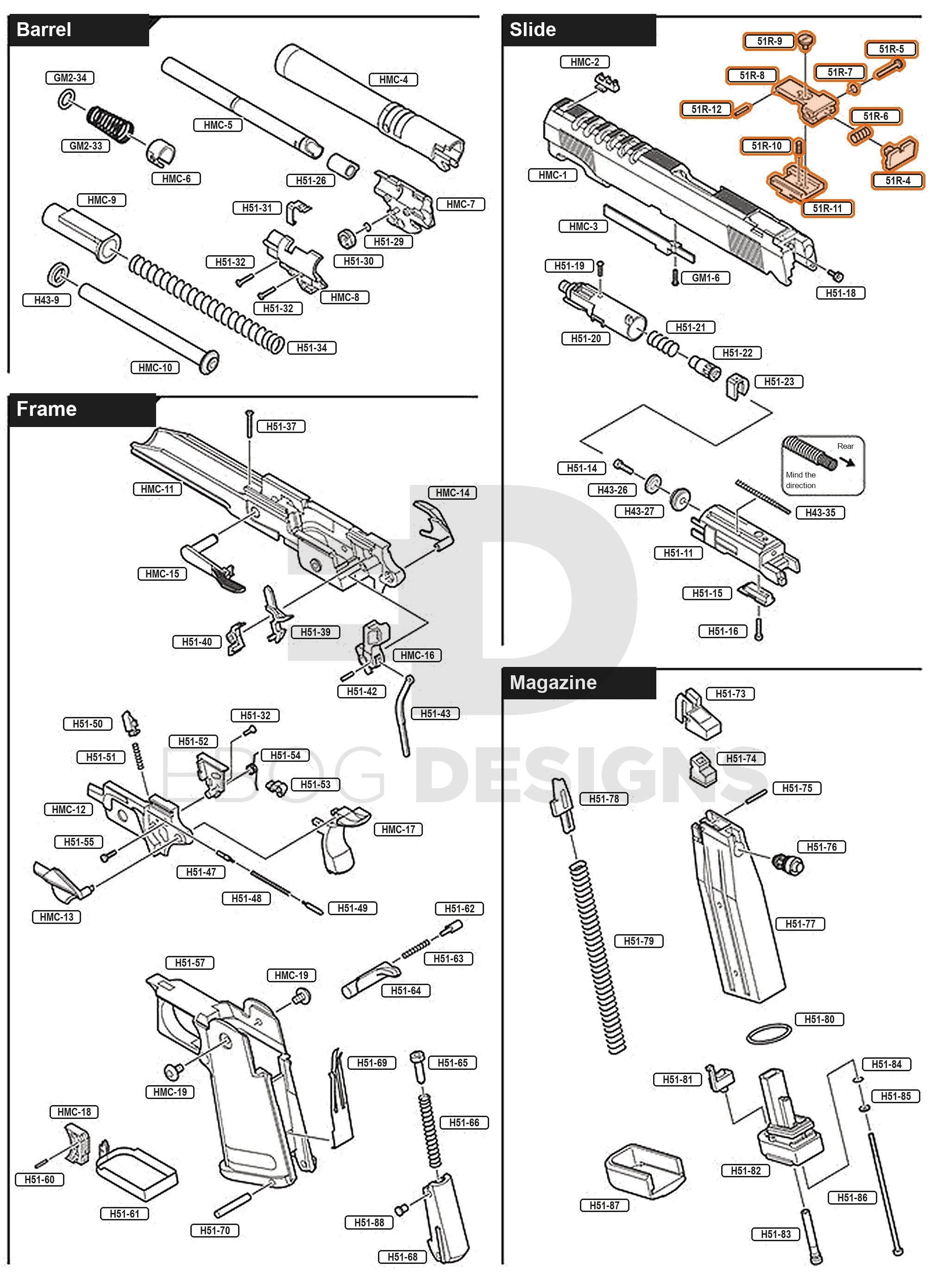 Full Tokyo Marui Hi-Capa Gold Match parts diagram showing where the plastic 5.1 rear sight group (parts 51R-4 to 51R-12) fits