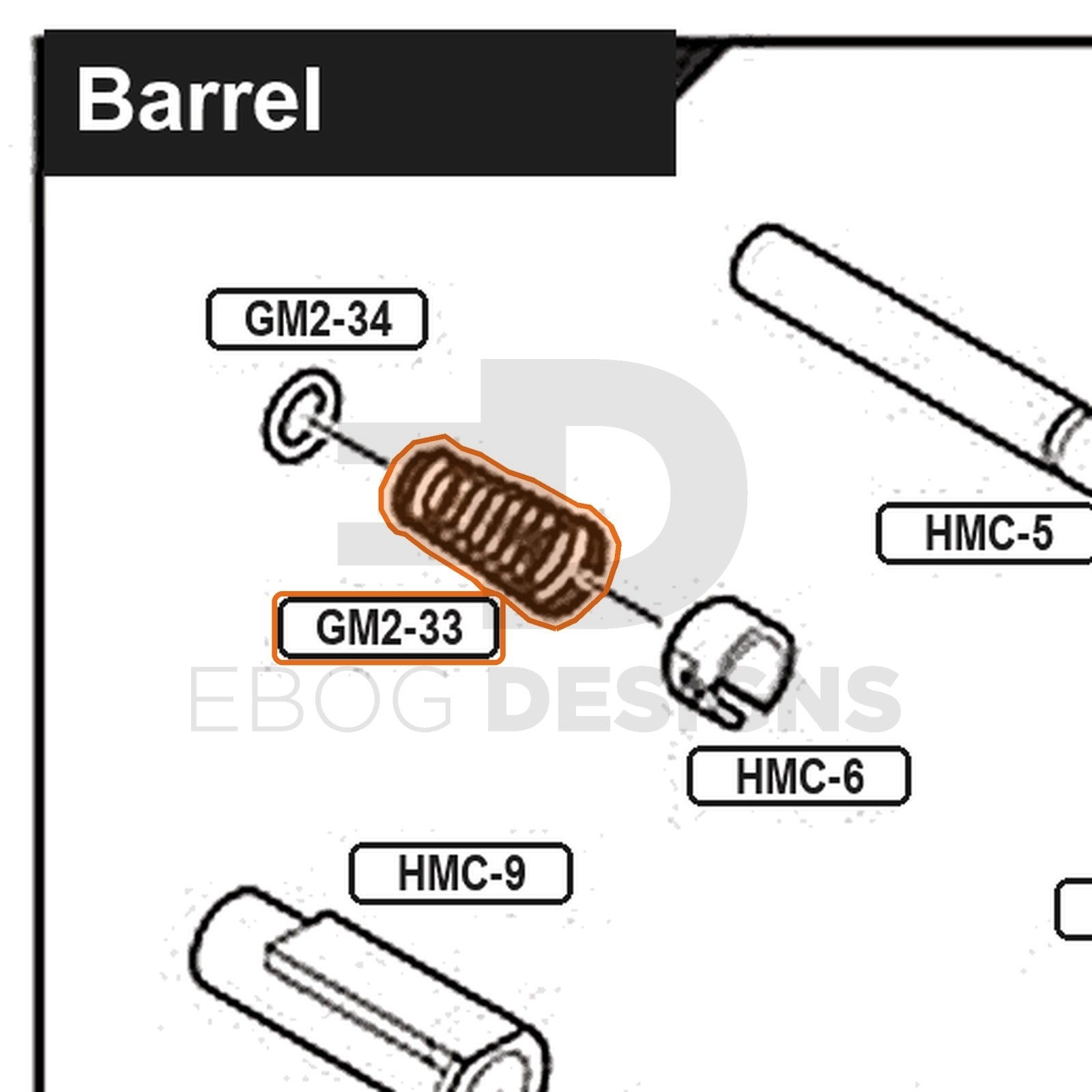 Tokyo Marui Hi-Capa Gold Match parts diagram with the outer barrel spring, part GM2-33, outlined