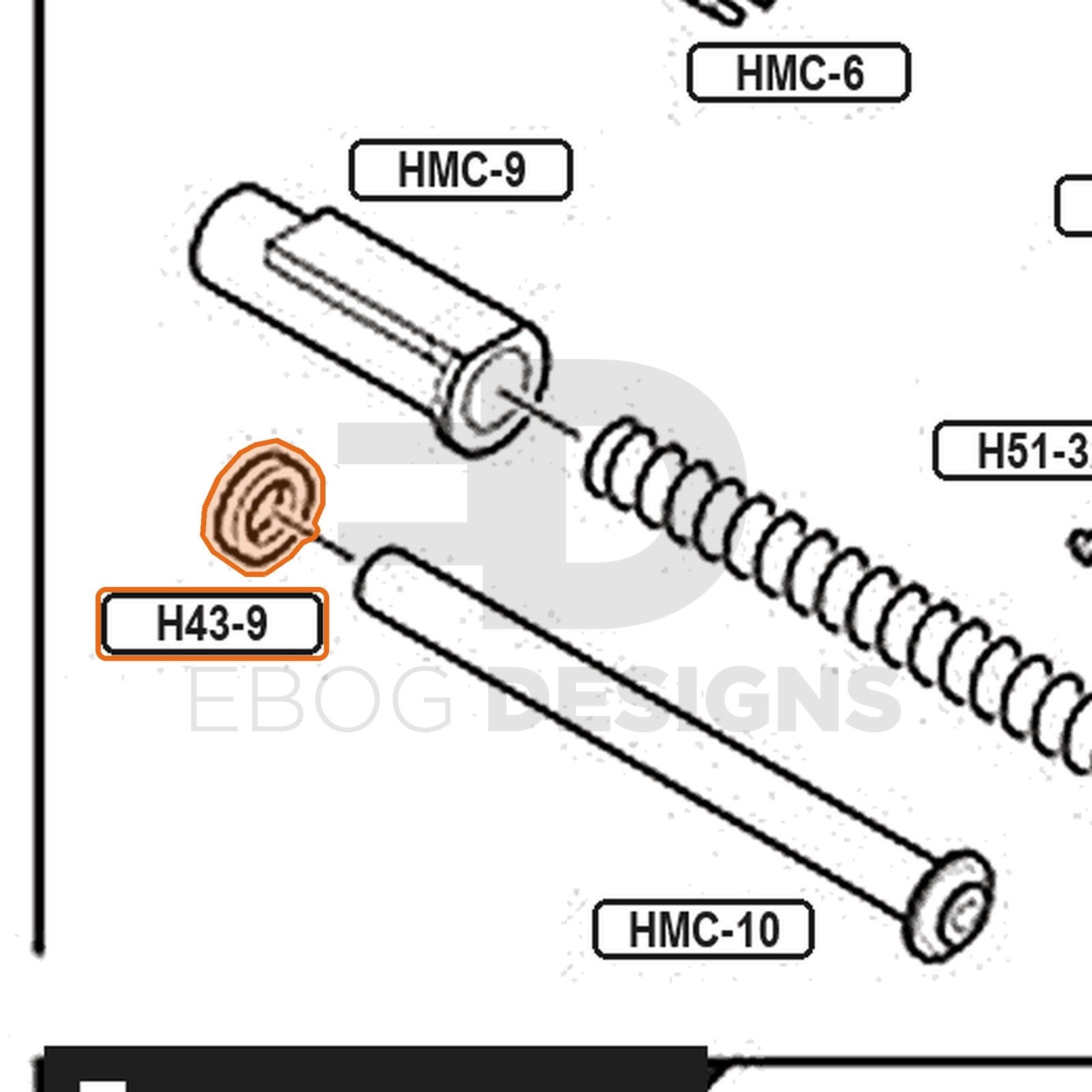 Tokyo Marui Hi-Capa Gold Match parts diagram with the recoil buffer, part H43-9, outlined